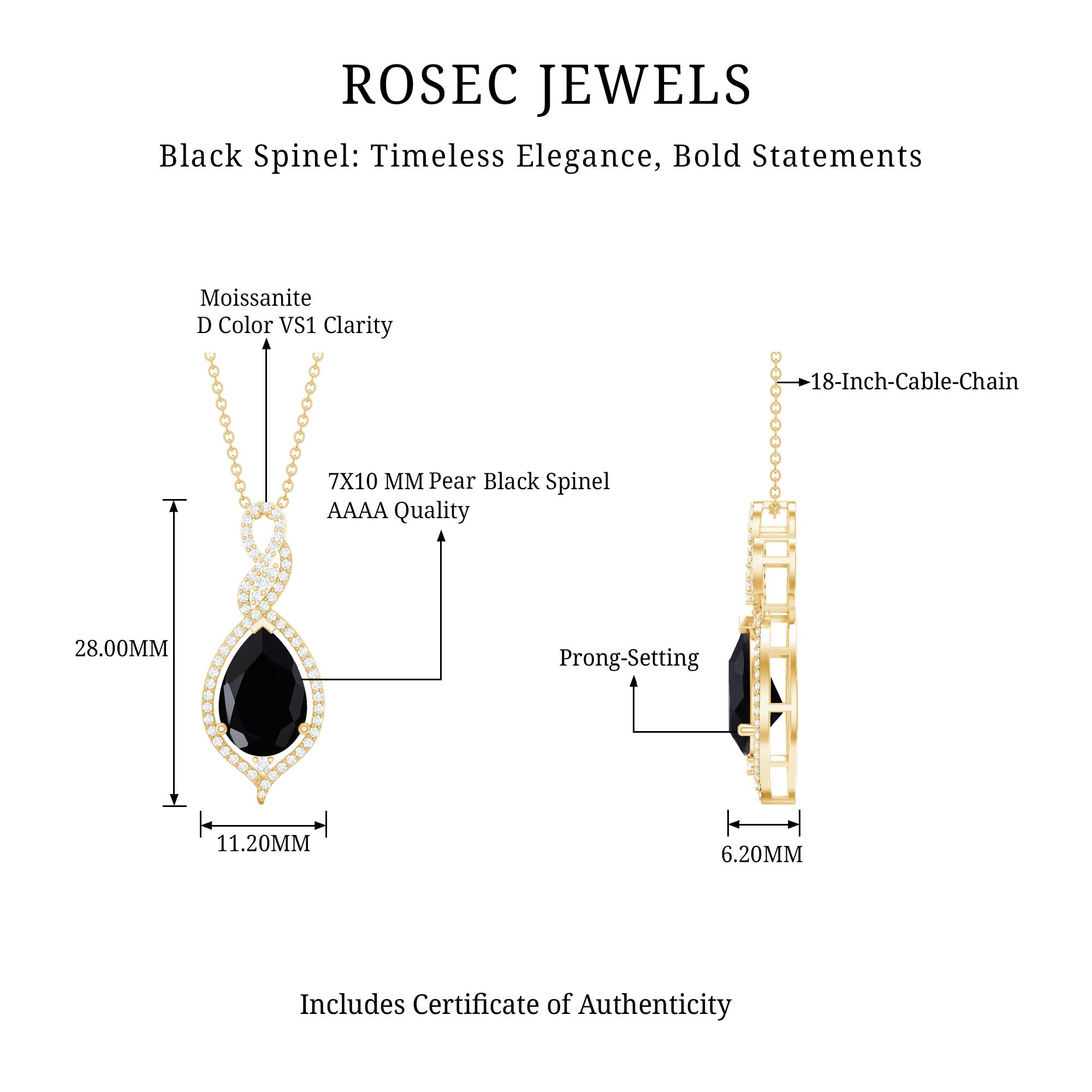 1.75 Carat Pear Shape Black Spinel Statement Necklace with Moissanites AAA - Rosec Jewels