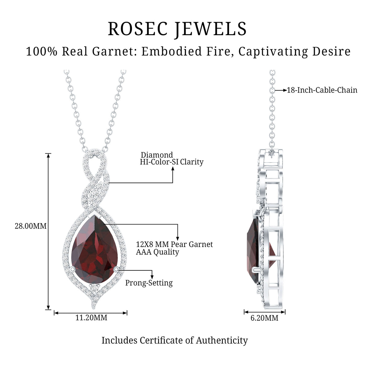 4 Carat Pear Shape Garnet and Diamond Teardrop Necklace AAA - Rosec Jewels