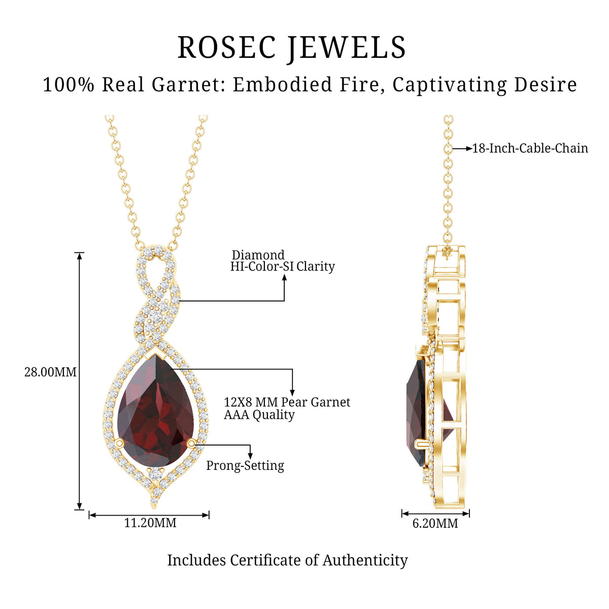 4 Carat Pear Shape Garnet and Diamond Teardrop Necklace AAA - Rosec Jewels