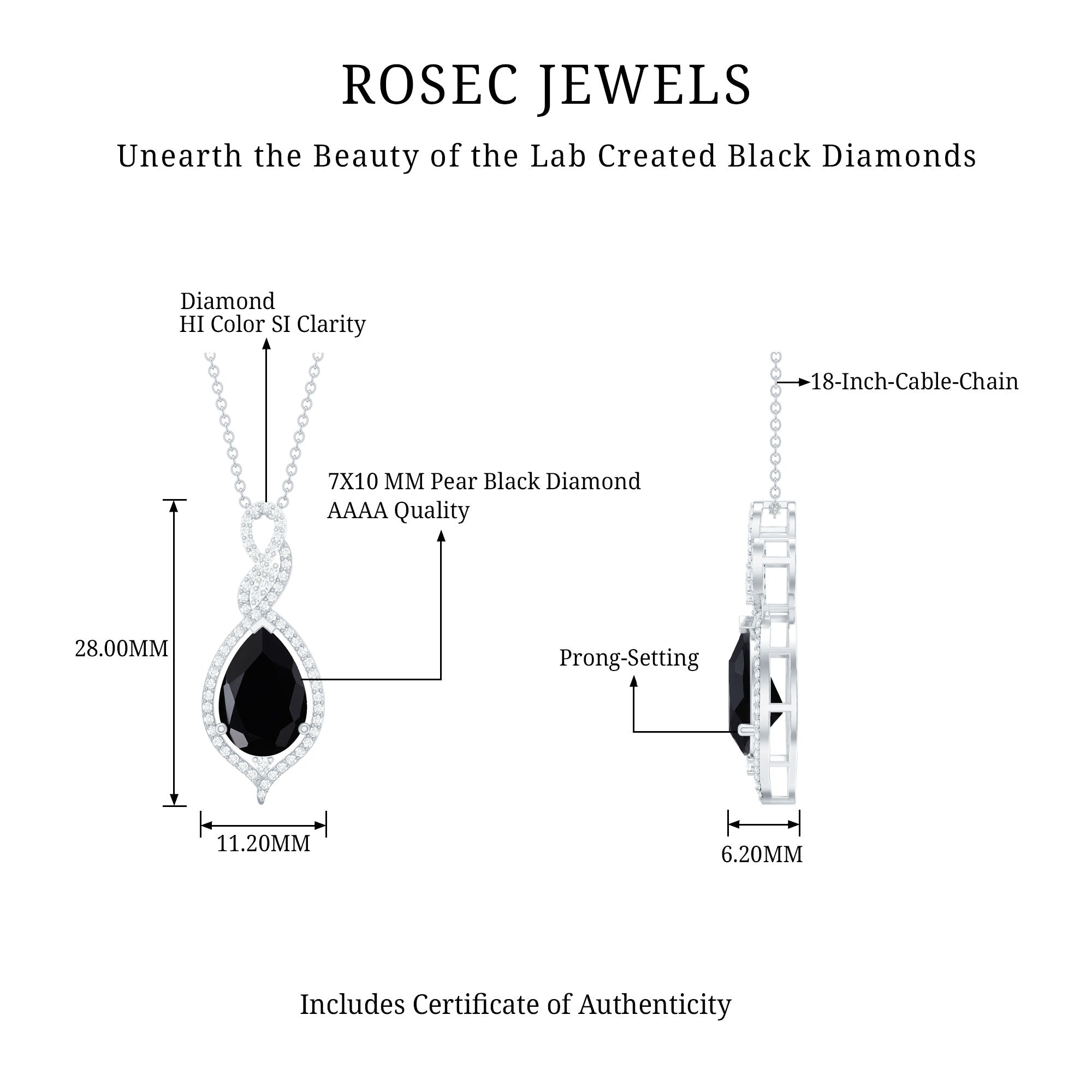 Created Black Diamond Teardrop Dangle Pendant with Diamond Accent AAAA ( Synthetic ) - Rosec Jewels