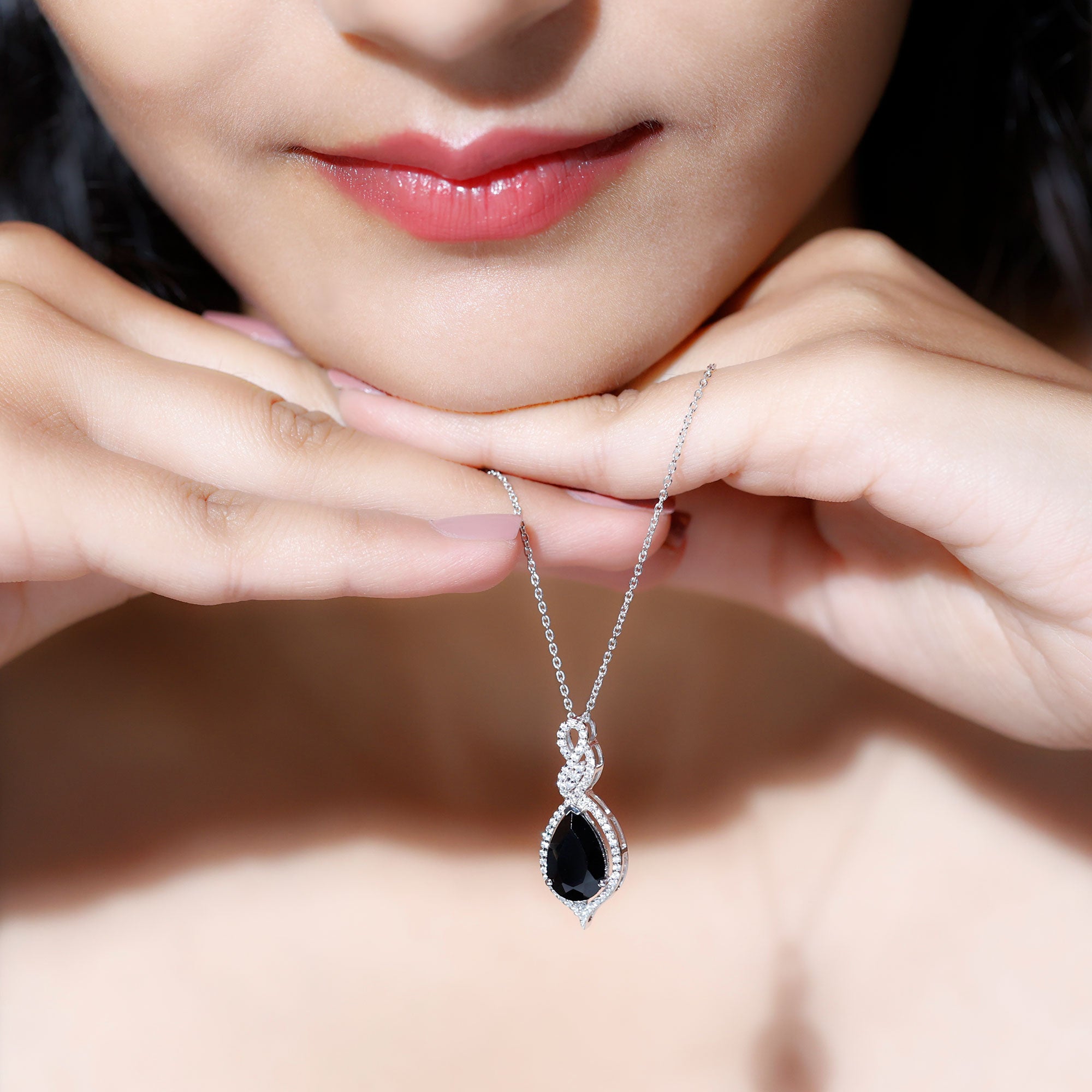 Created Black Diamond Teardrop Dangle Pendant with Diamond Accent AAAA ( Synthetic ) - Rosec Jewels