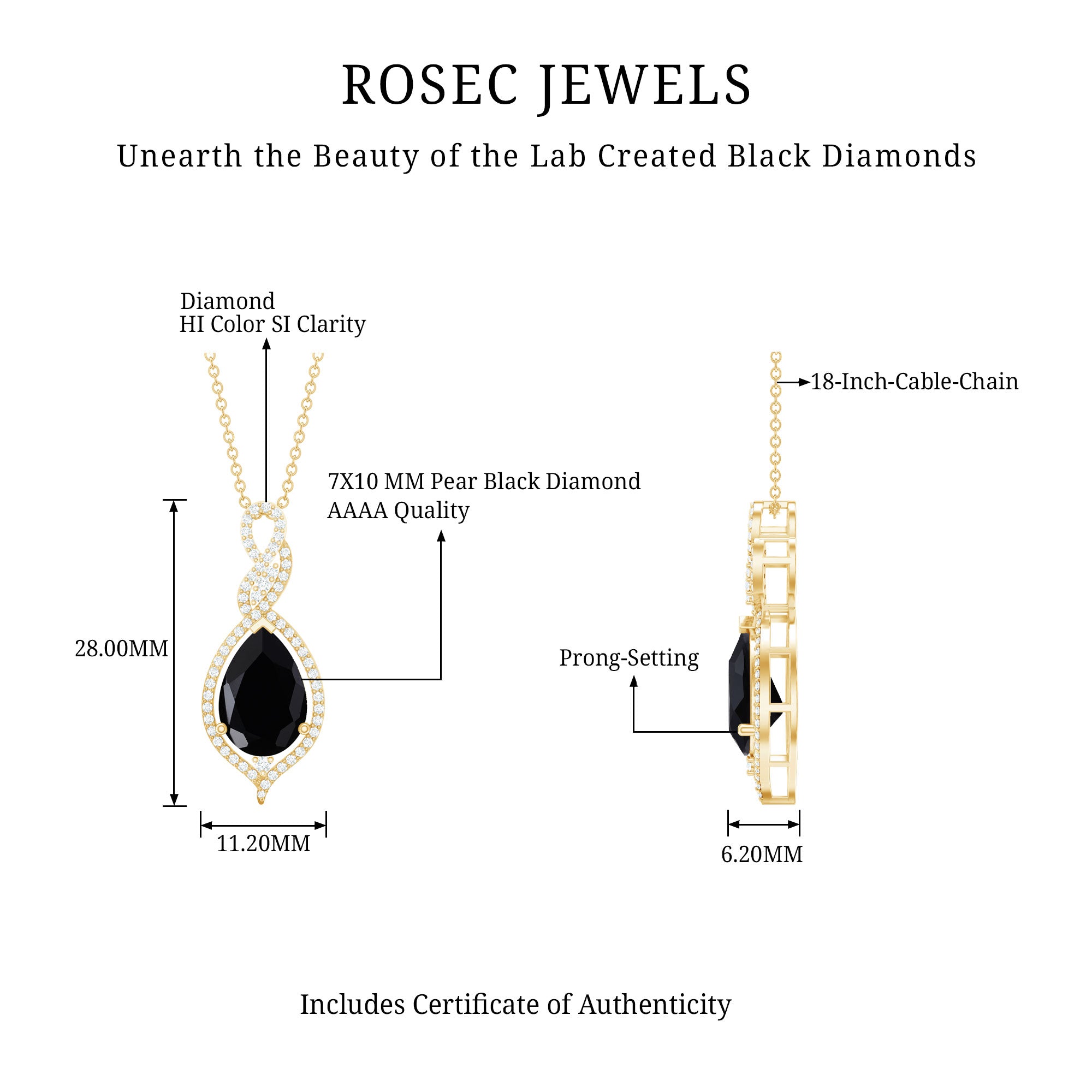 Created Black Diamond Teardrop Dangle Pendant with Diamond Accent AAAA ( Synthetic ) - Rosec Jewels