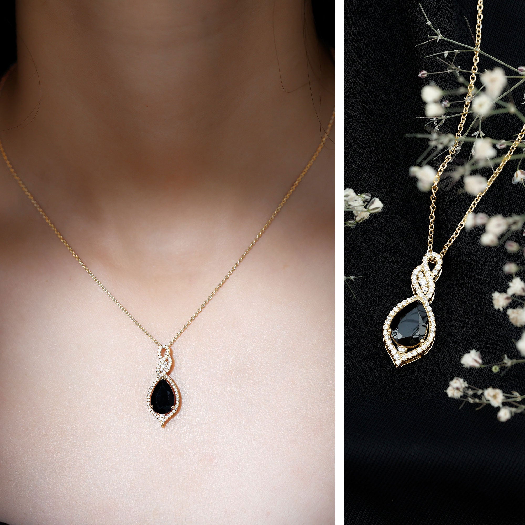 Created Black Diamond Teardrop Dangle Pendant with Diamond Accent AAAA ( Synthetic ) - Rosec Jewels