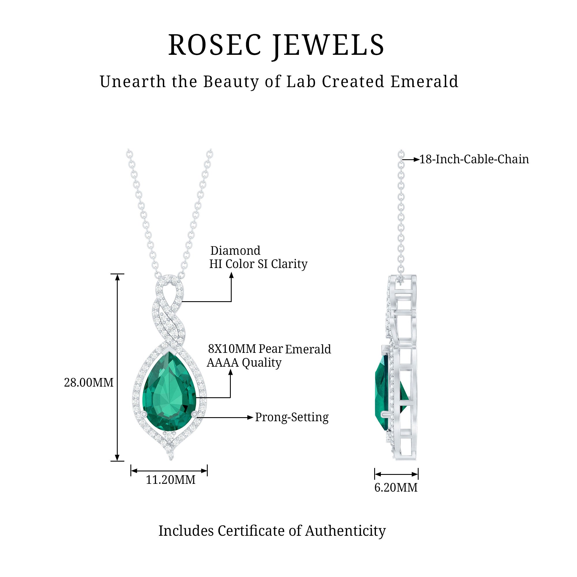 Certified 2.5 Carat Lab Grown Emerald and Diamond Bridal Necklace AAAA - Rosec Jewels