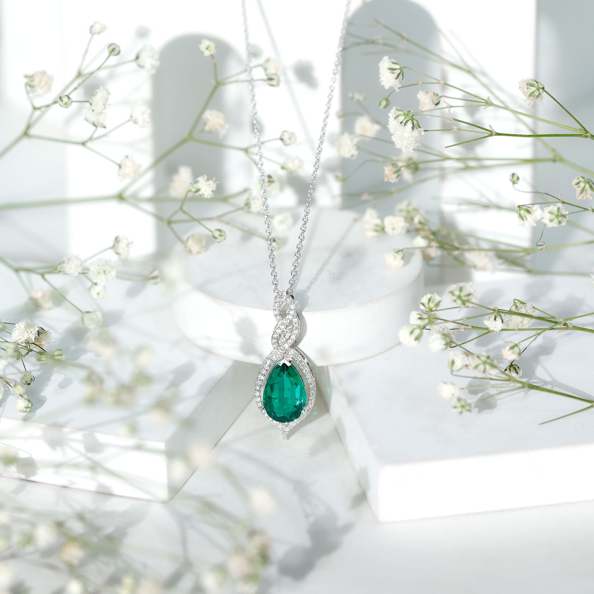 Certified 2.5 Carat Lab Grown Emerald and Diamond Bridal Necklace AAAA - Rosec Jewels