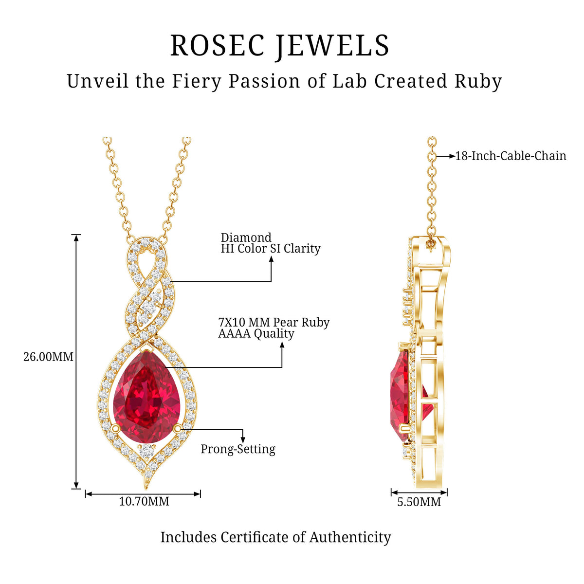 2.9 Carat Lab Created Ruby and Diamond Teardrop Wedding Necklace for Bride AAAA - Rosec Jewels