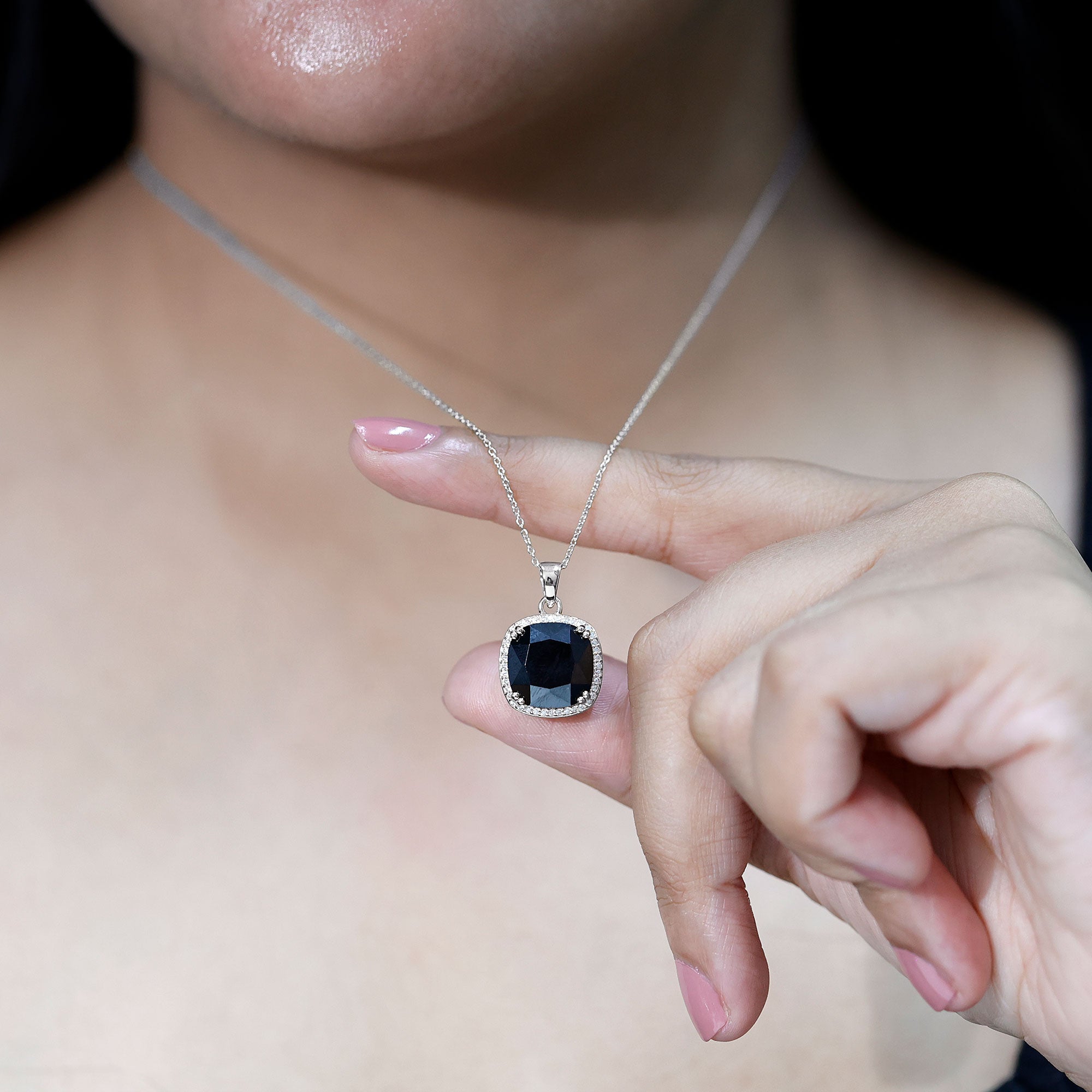 6 Carat Cushion Cut Lab Grown Black and White Diamond Halo Necklace AAAA ( Synthetic ) - Rosec Jewels
