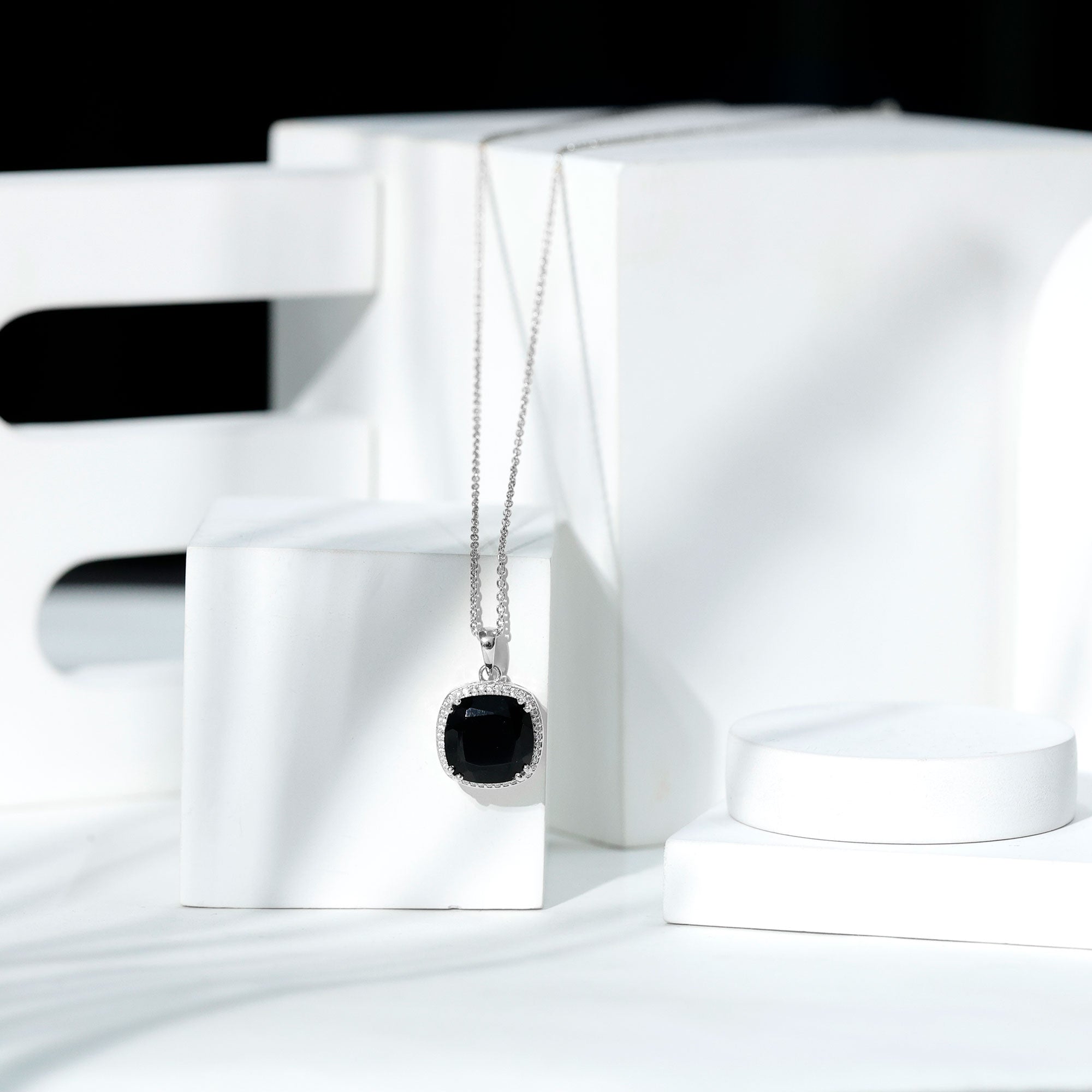 6 Carat Cushion Cut Lab Grown Black and White Diamond Halo Necklace AAAA ( Synthetic ) - Rosec Jewels