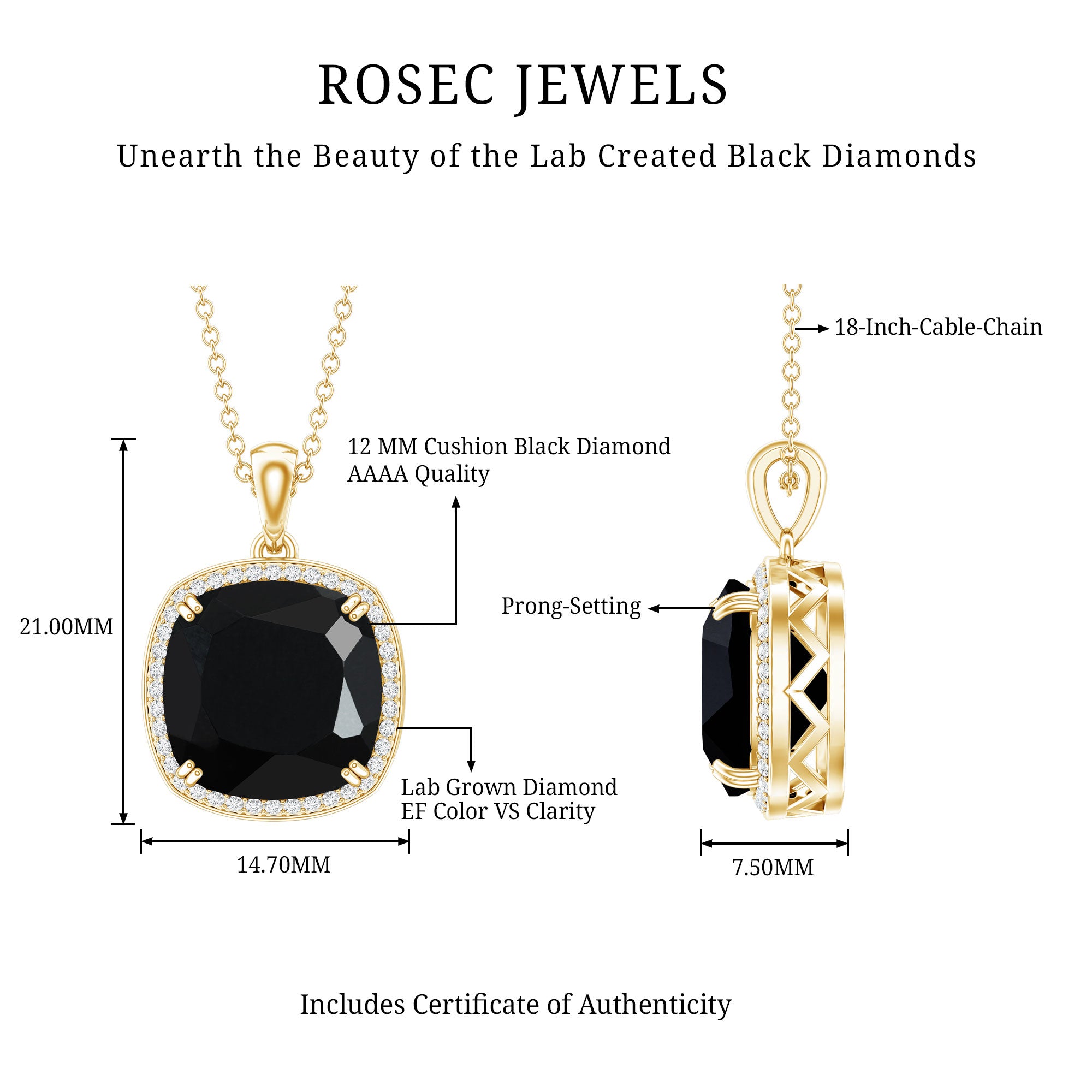 6 Carat Cushion Cut Lab Grown Black and White Diamond Halo Necklace AAAA ( Synthetic ) - Rosec Jewels