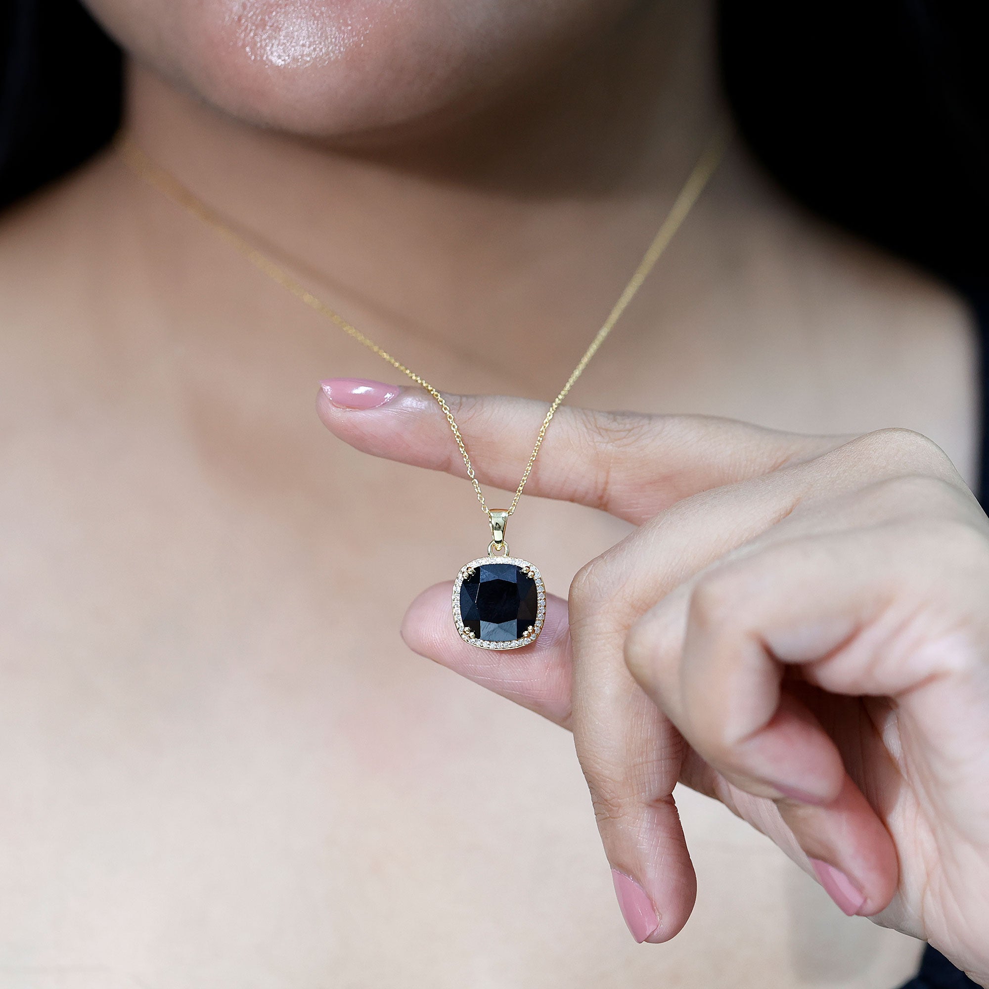 6 Carat Cushion Cut Lab Grown Black and White Diamond Halo Necklace AAAA ( Synthetic ) - Rosec Jewels