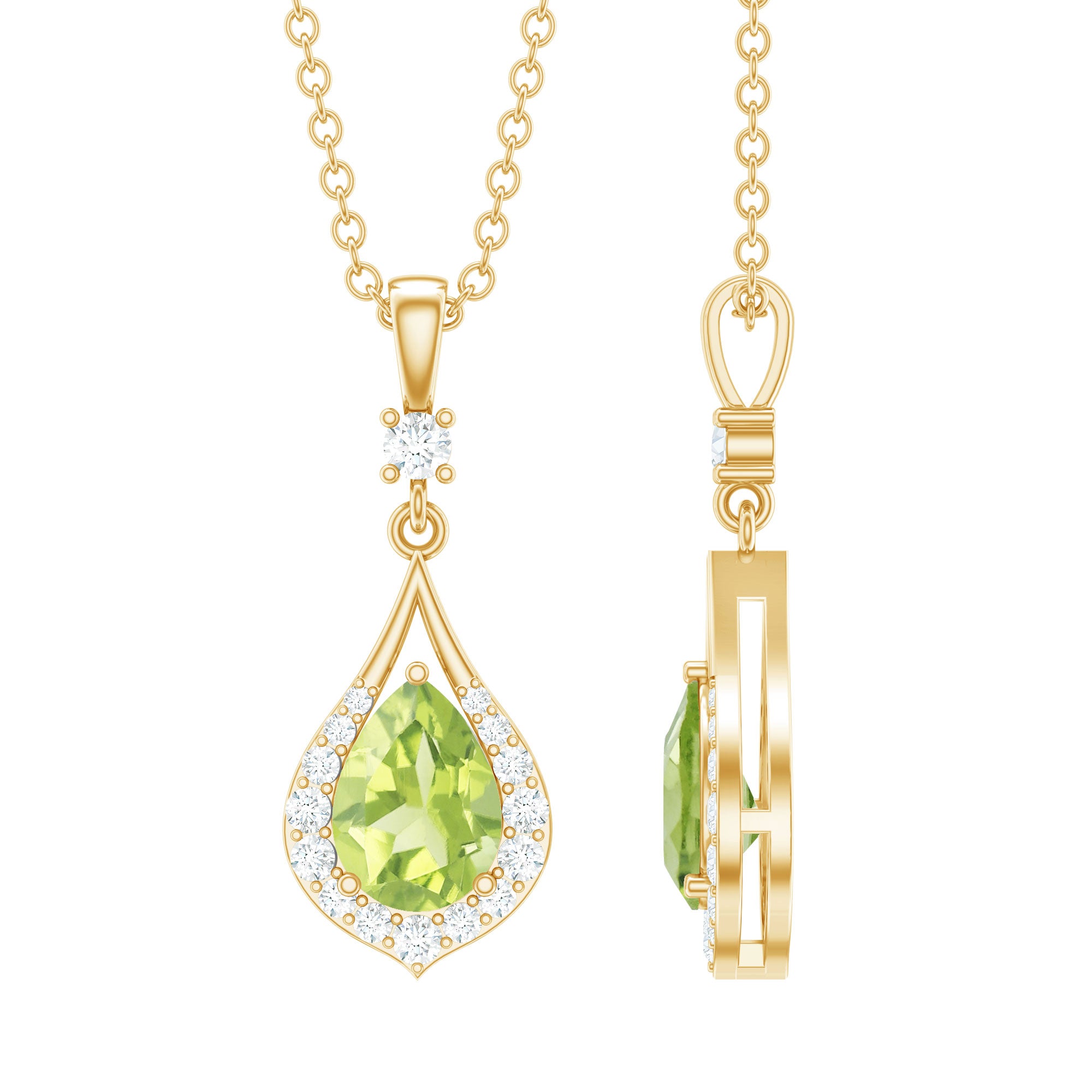 Rosec Jewels-Certified Peridot and Diamond Teardrop Necklace in Gold Plated Silver