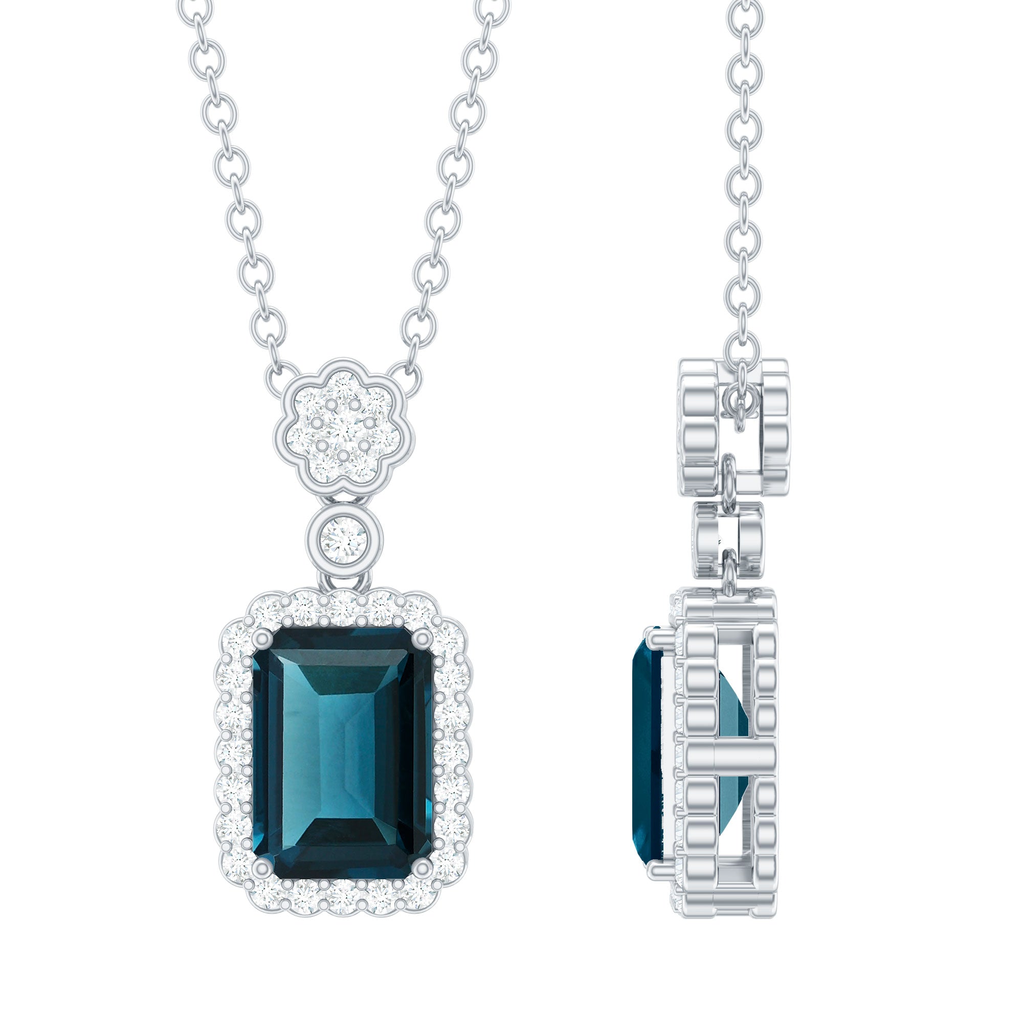 Rosec Jewels-Genuine London Blue Topaz Emerald Cut Necklace with Diamond Halo