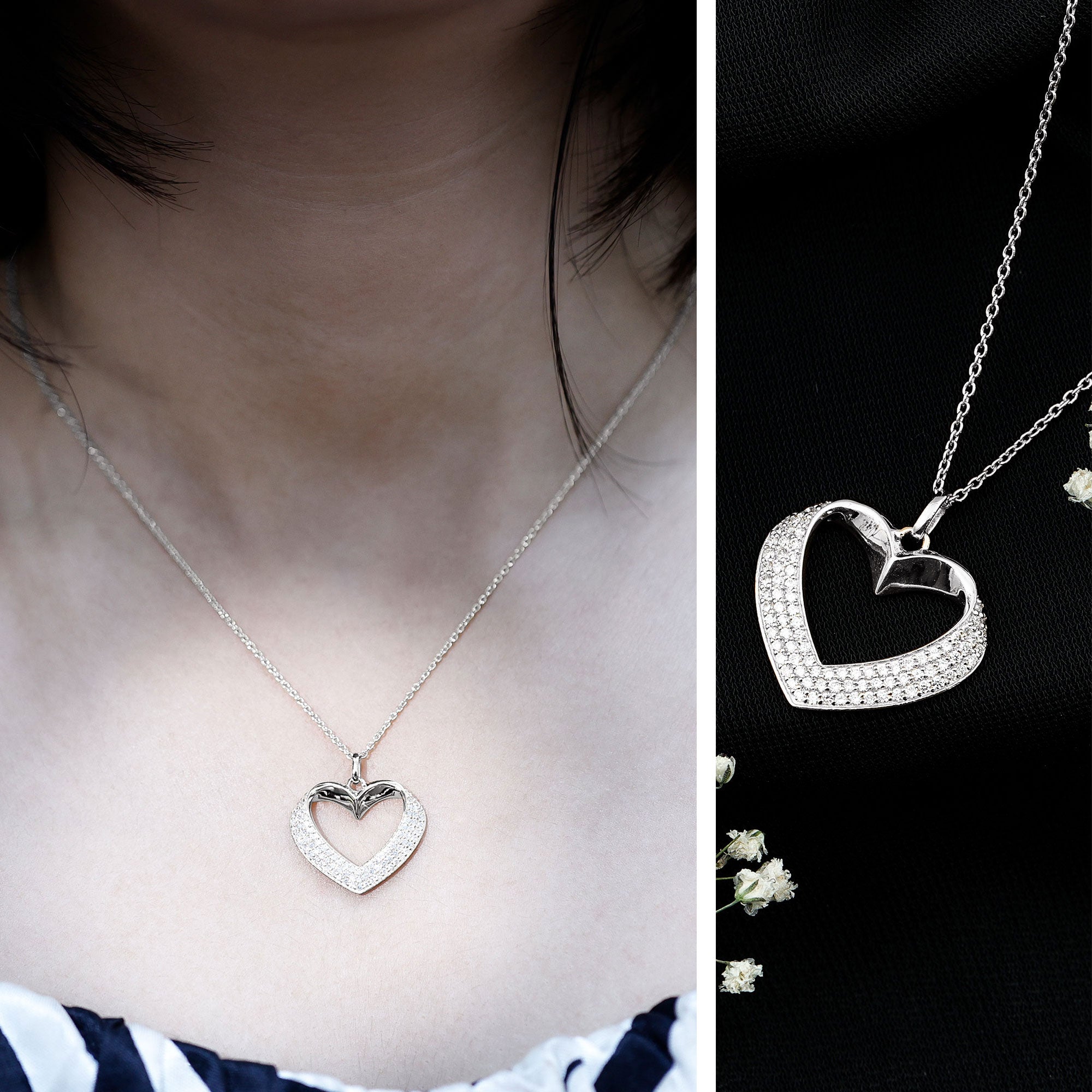 Pave Set Lab Grown Diamond Heart Necklace For Women Lab - ( EF-VS ) - Rosec Jewels