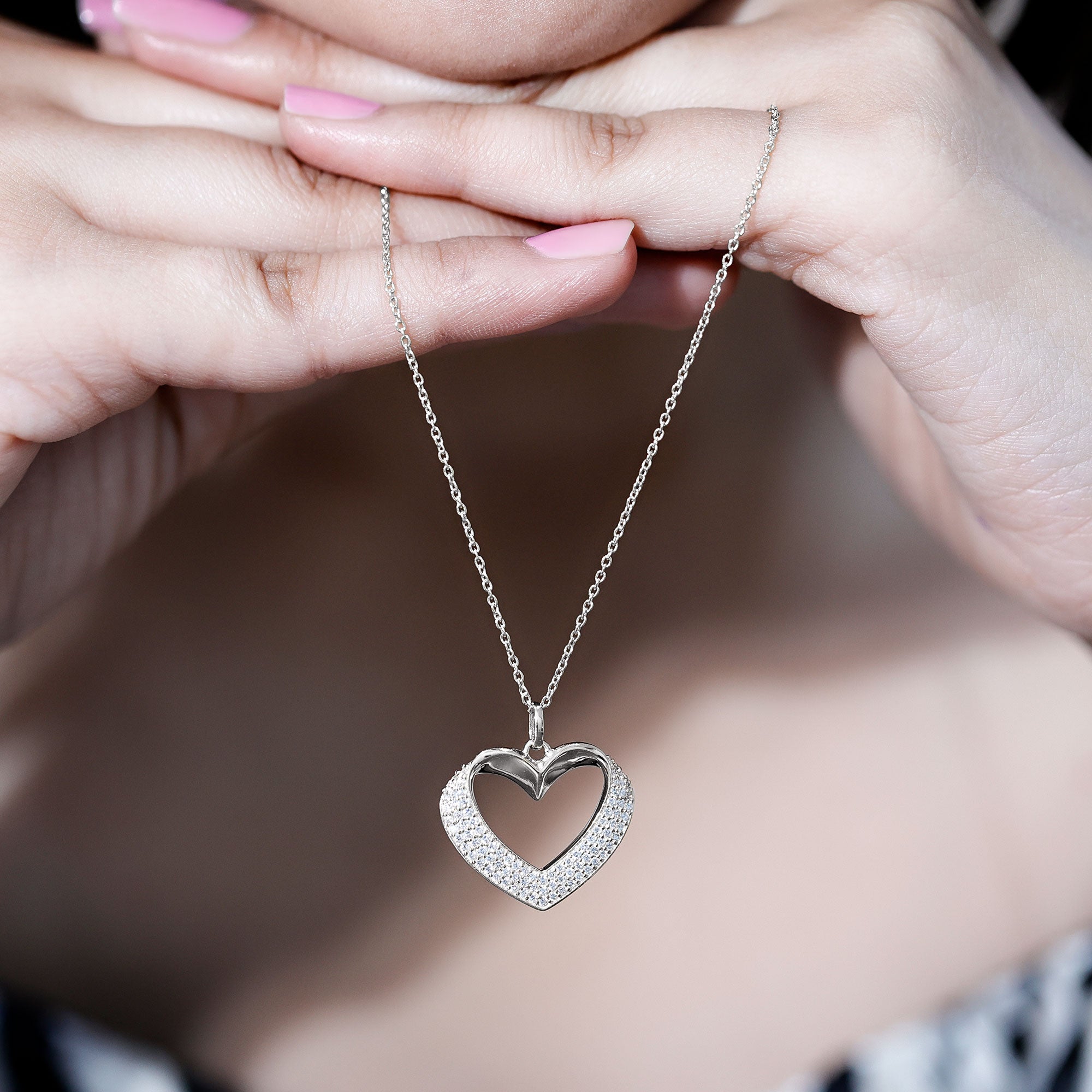 Pave Set Lab Grown Diamond Heart Necklace For Women Lab - ( EF-VS ) - Rosec Jewels