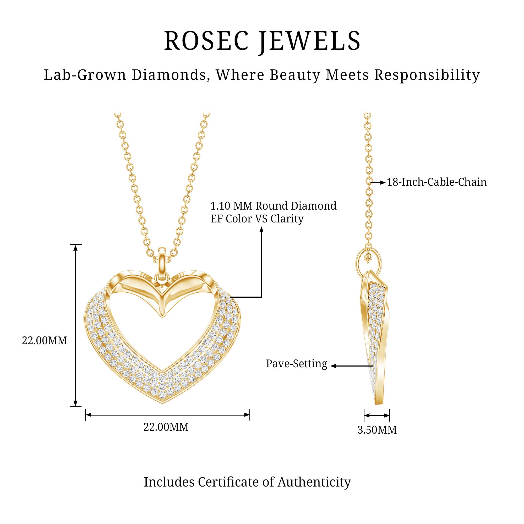 Pave Set Lab Grown Diamond Heart Necklace For Women Lab - ( EF-VS ) - Rosec Jewels