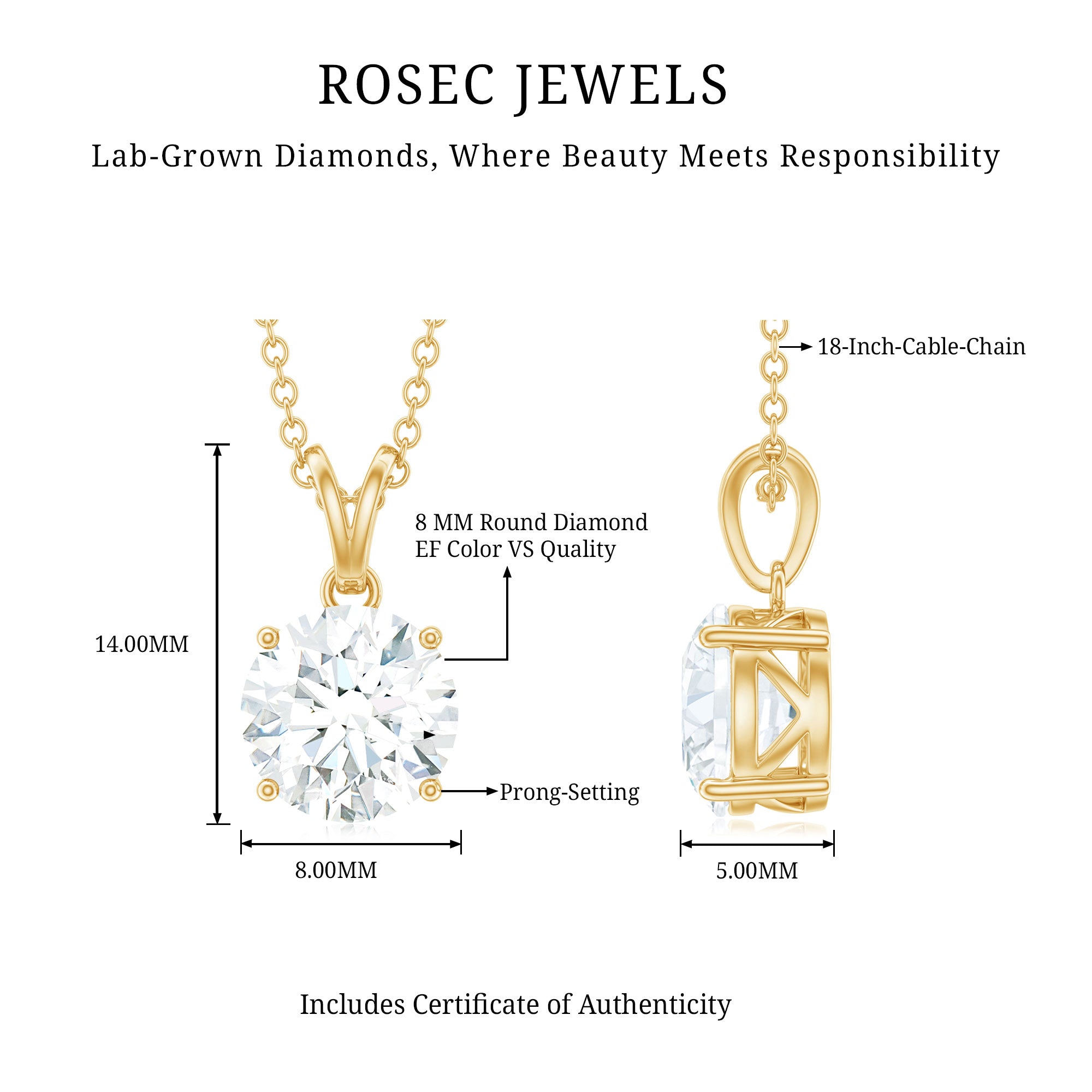 Rosec Jewels-Certified Brilliant Cut Lab Grown 2 Carat Diamond Solitaire Necklace