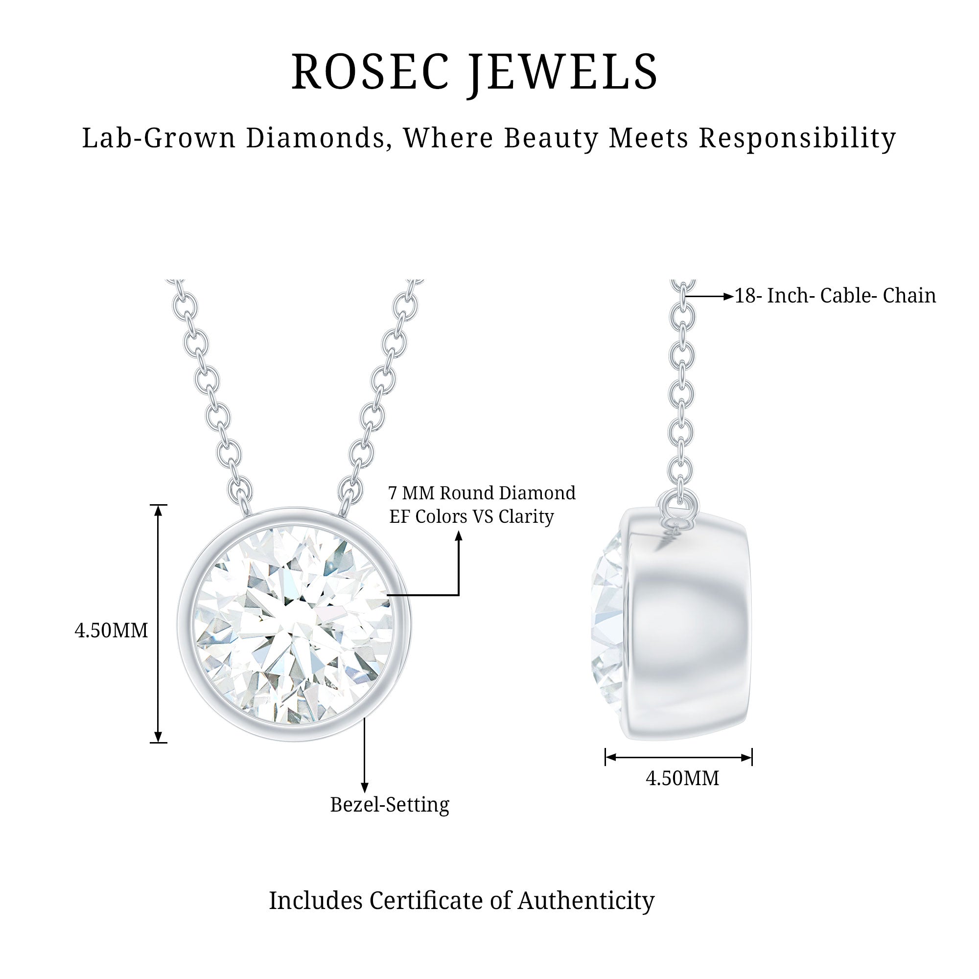 Rosec Jewels-Bezel Set 7mm Lab Grown Diamond Solitaire Stackable Necklace