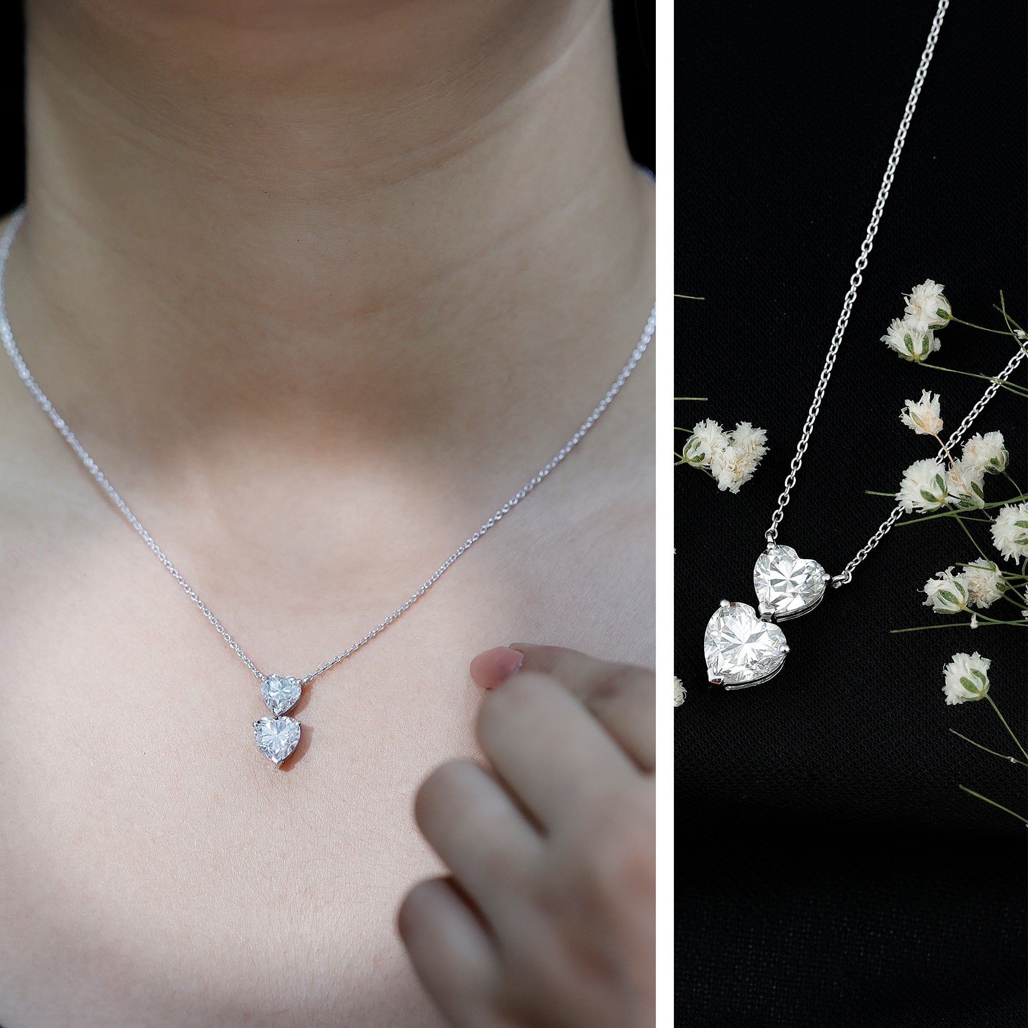 Certified Lab Grown Diamond Double Heart Promise Necklace Lab - ( EF-VS ) - Rosec Jewels