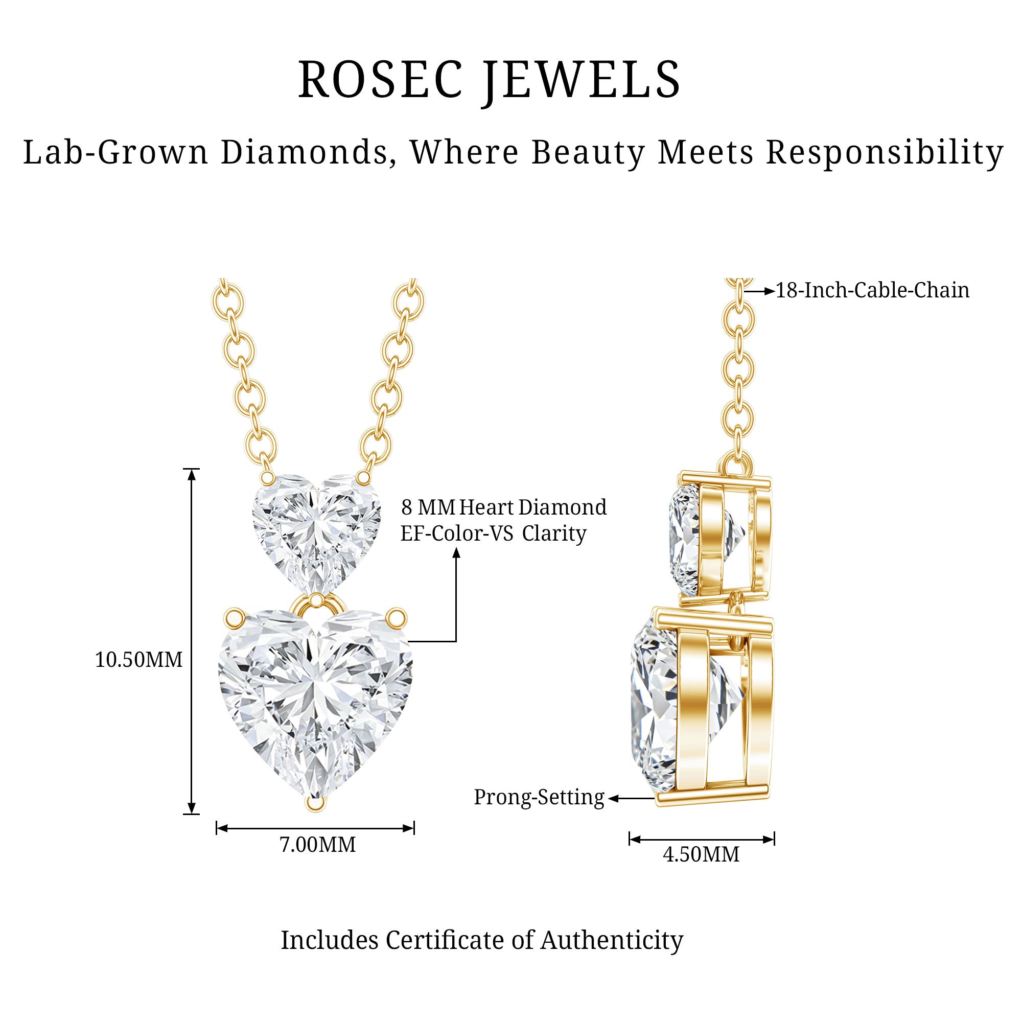 Certified Lab Grown Diamond Double Heart Promise Necklace Lab - ( EF-VS ) - Rosec Jewels