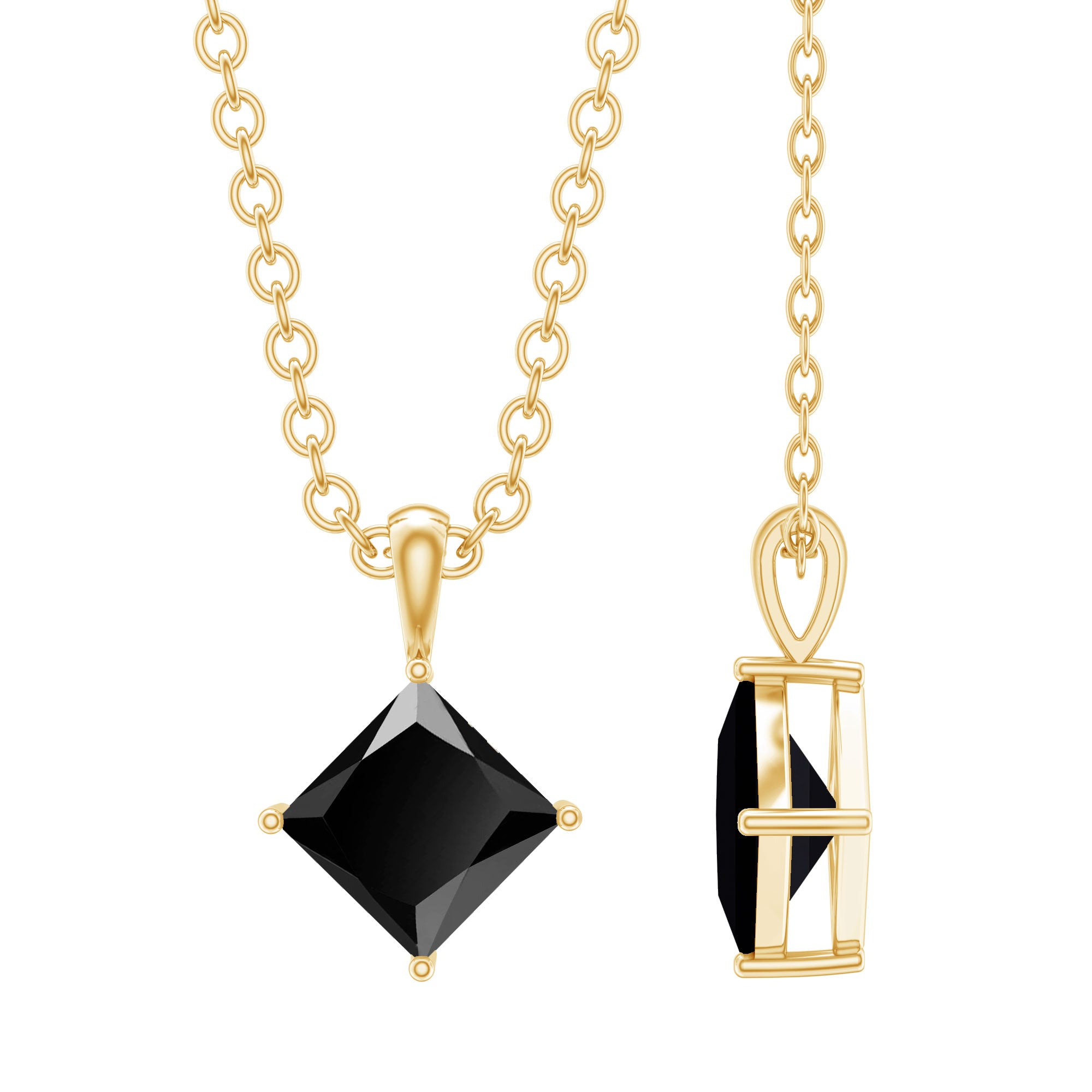 Rosec Jewels-Princess Cut Black Spinel Solitaire Pendant Necklace with Silver Chain