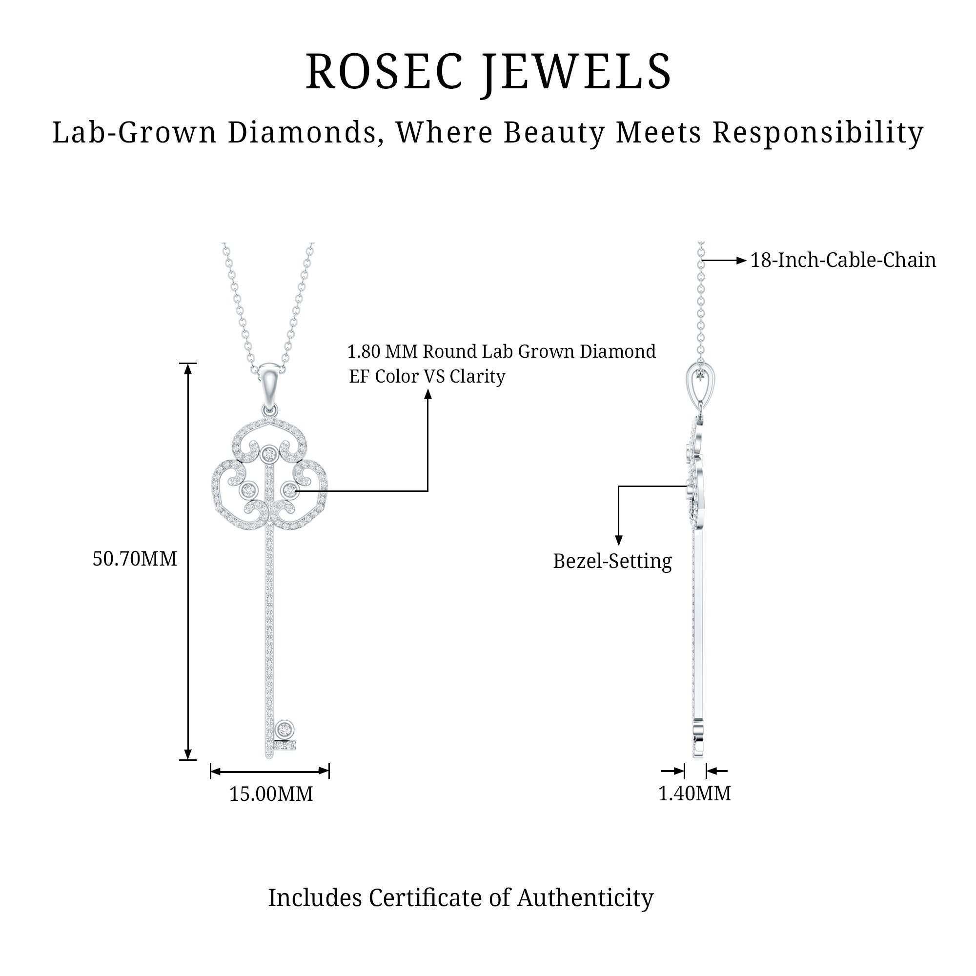Certified Lab Created Diamond Vintage Style Key Necklace Lab - ( EF-VS ) - Rosec Jewels