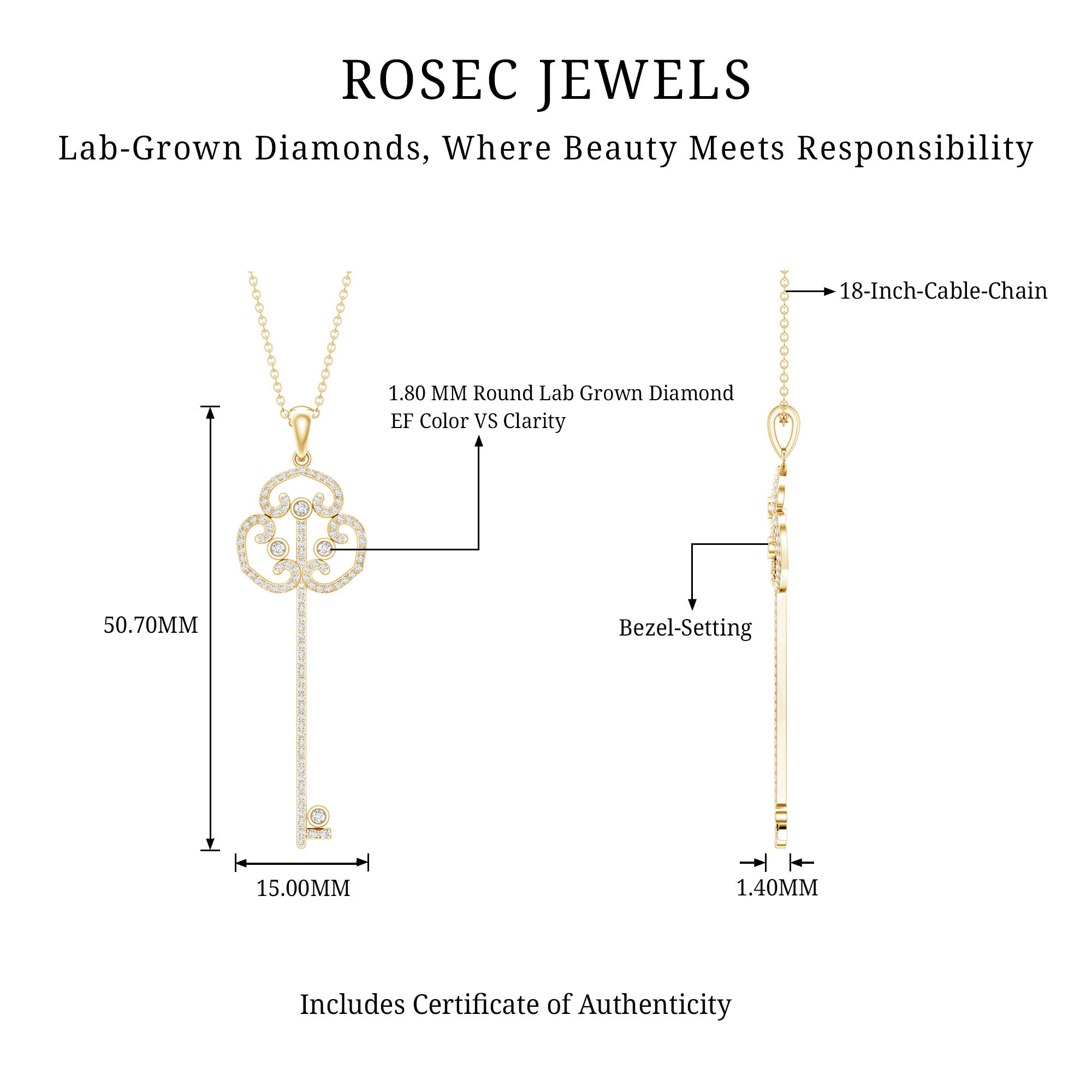 Certified Lab Created Diamond Vintage Style Key Necklace Lab - ( EF-VS ) - Rosec Jewels