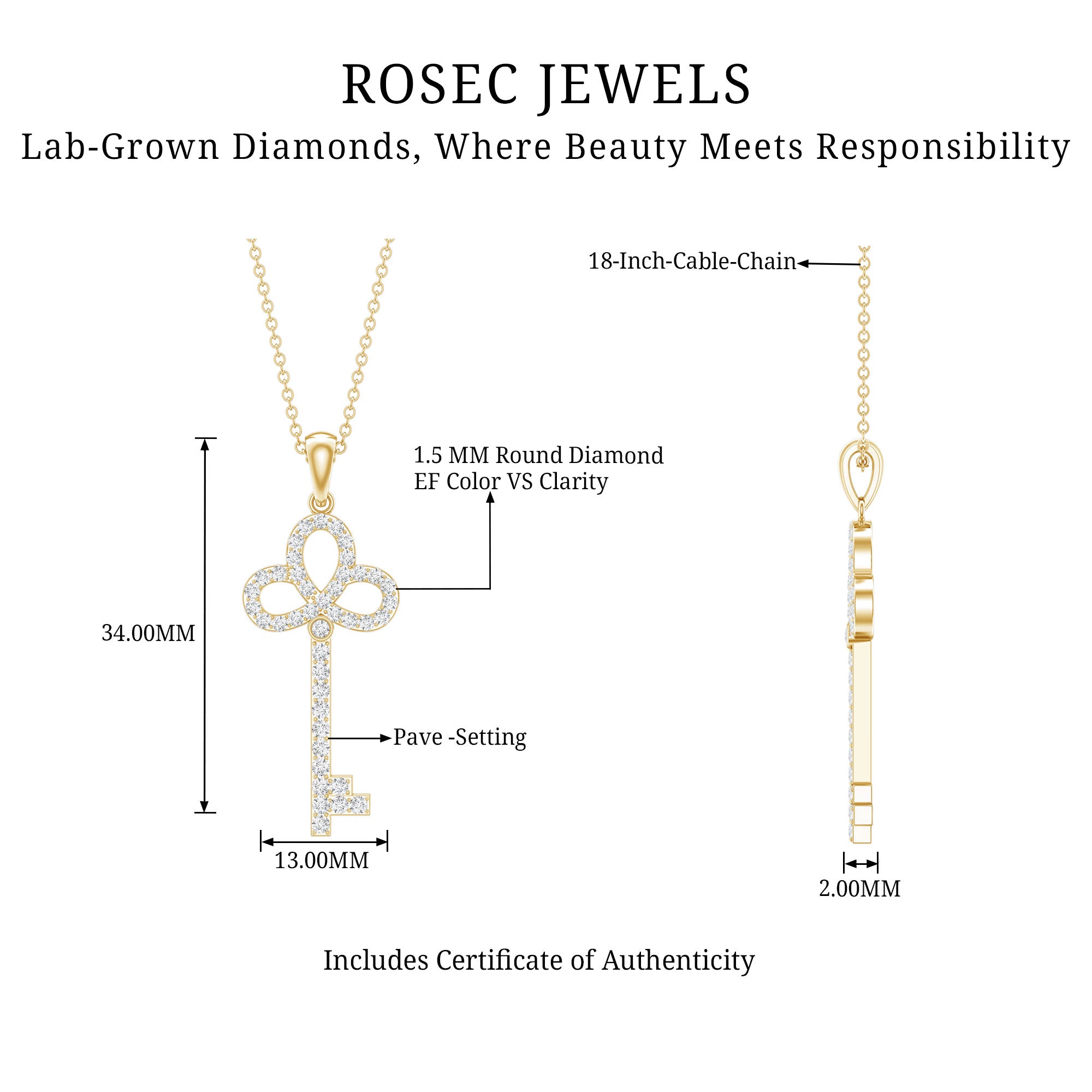 Certified Lab Created Diamond Key To My Heart Necklace Lab - ( EF-VS ) - Rosec Jewels