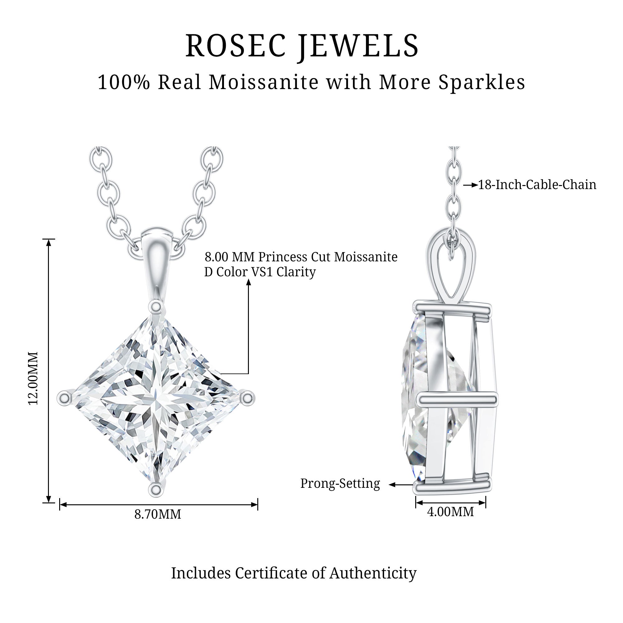 3 Carat Solitaire Lab Grown Diamond Princess Cut Necklace with IGI Certificate Lab - ( E-VS1 ) - Rosec Jewels