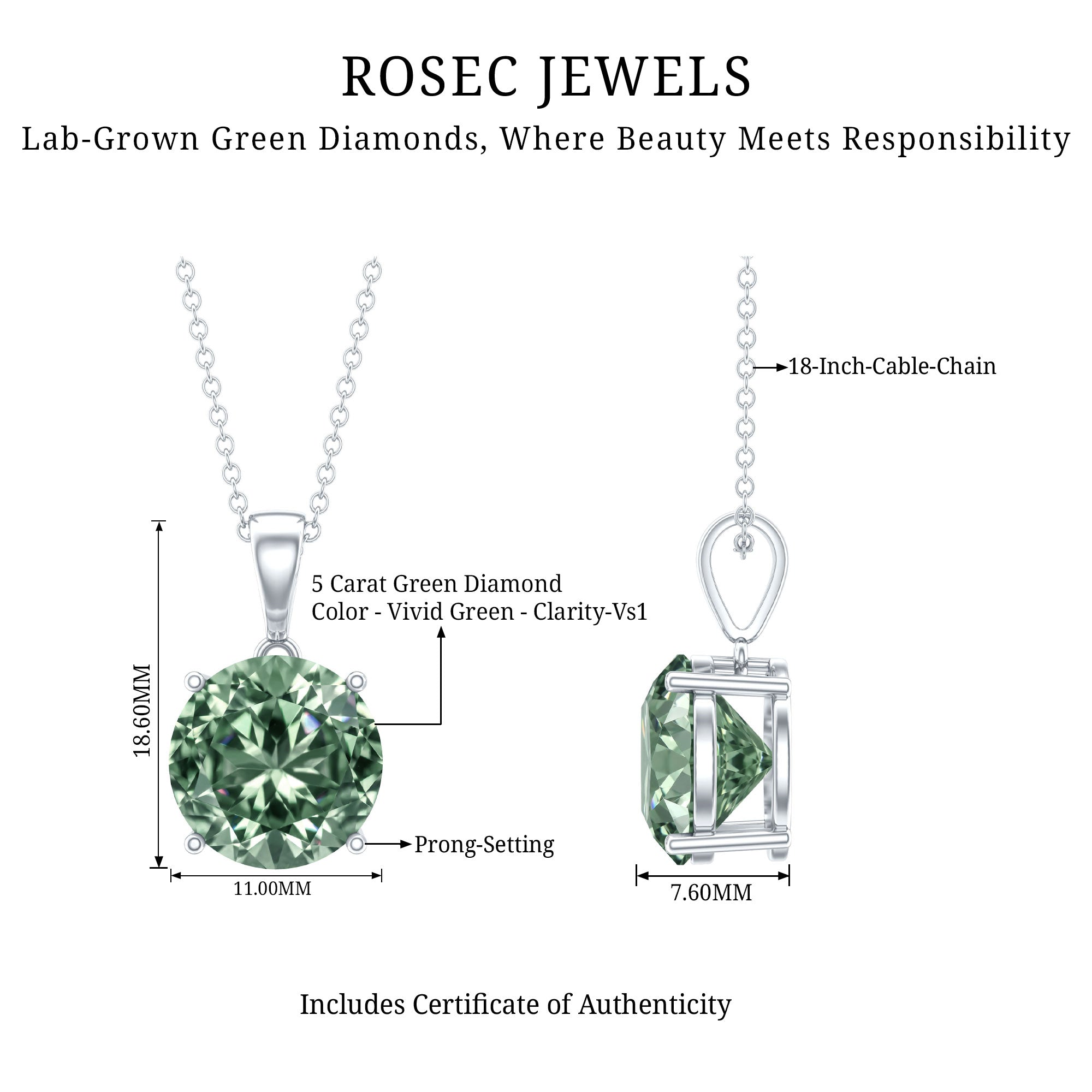 IGI Certified Round Lab Grown Green Diamond Solitaire Necklace 5 Carat Vivid Green - VS1 - Rosec Jewels