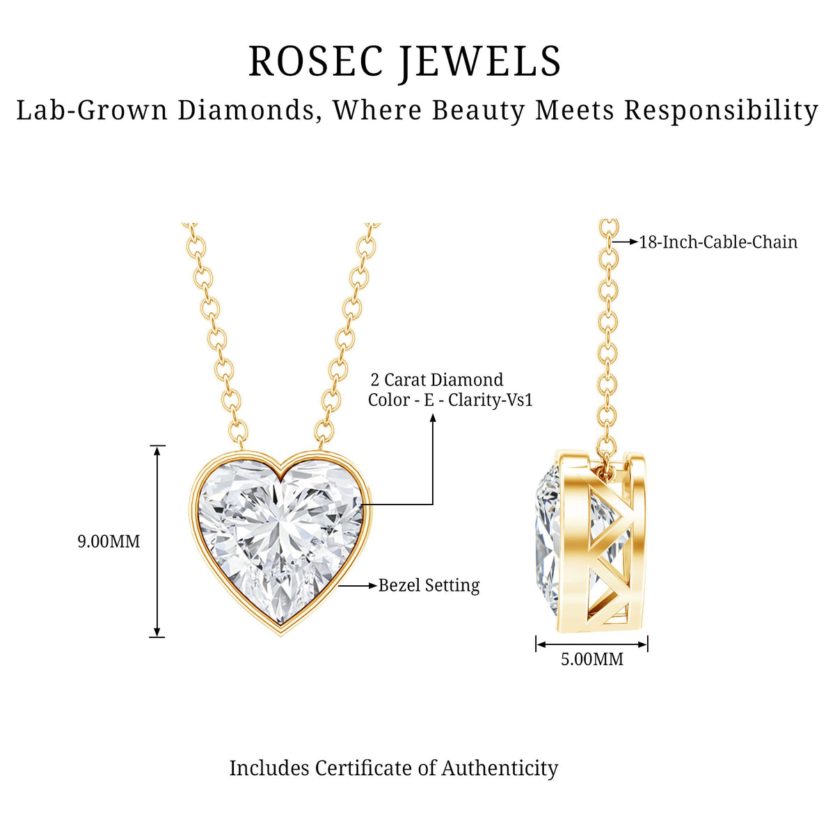 Bezel Set 2 Carat Lab Grown Diamond Heart Necklace with IGI Certificate Lab - ( E-VS1 ) - Rosec Jewels