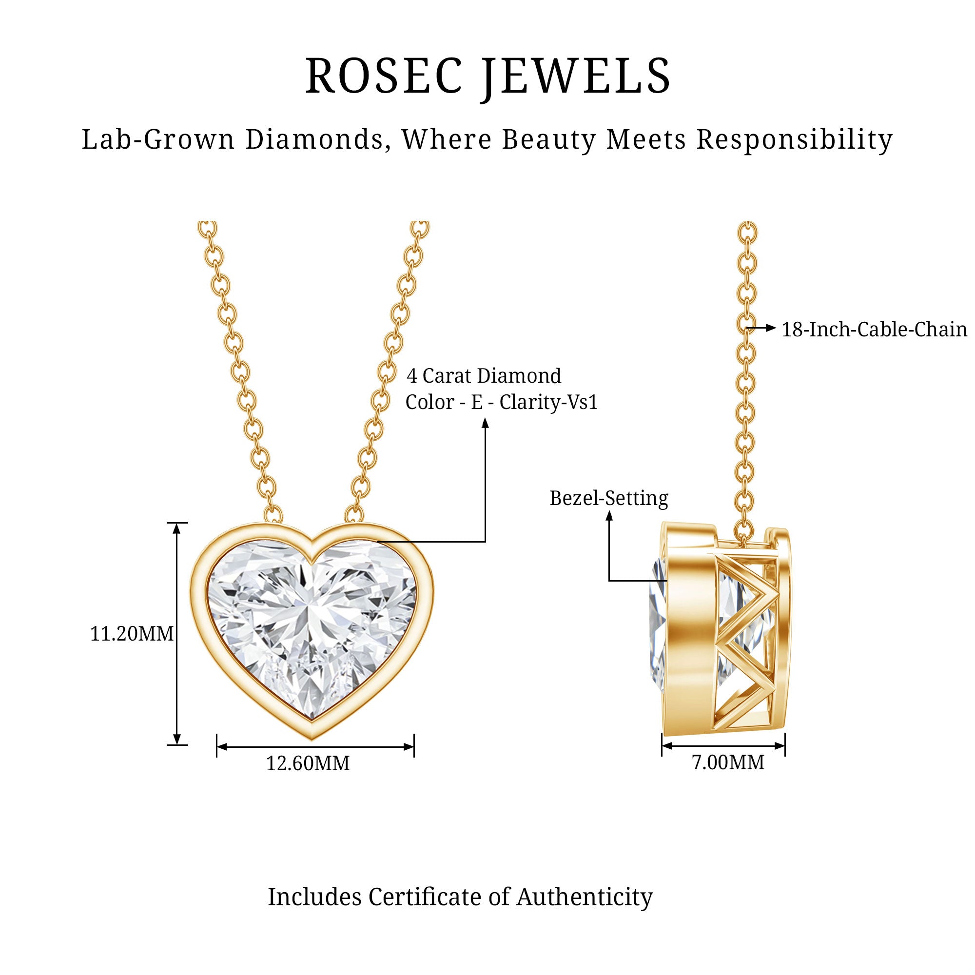 IGI Certified Lab Grown Solitaire Diamond Heart Necklace 4 Carat Lab - ( E-VS1 ) - Rosec Jewels