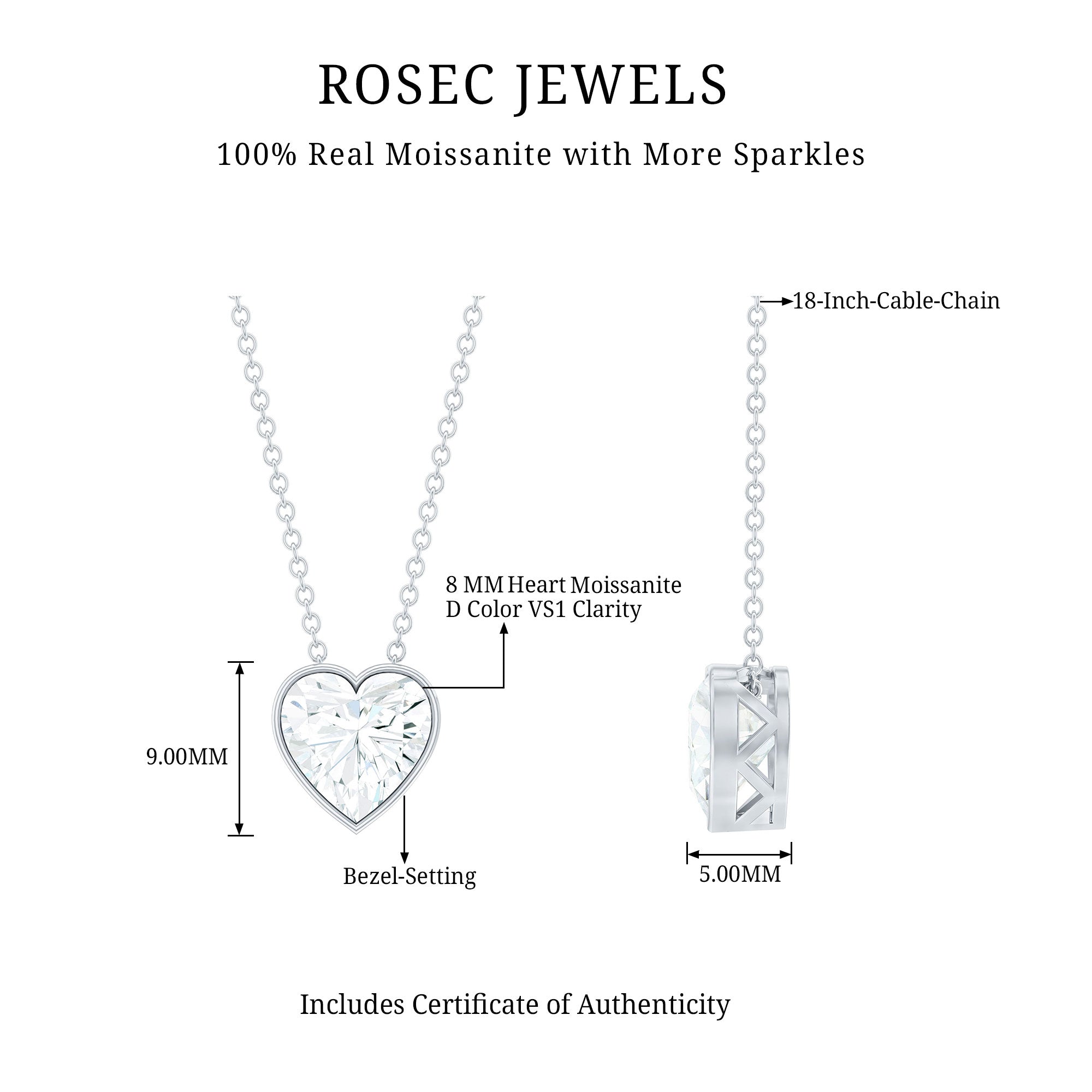 2 Carat Heart Shape Moissanite Solitaire Necklace in Bezel Setting D-VS1 - Rosec Jewels
