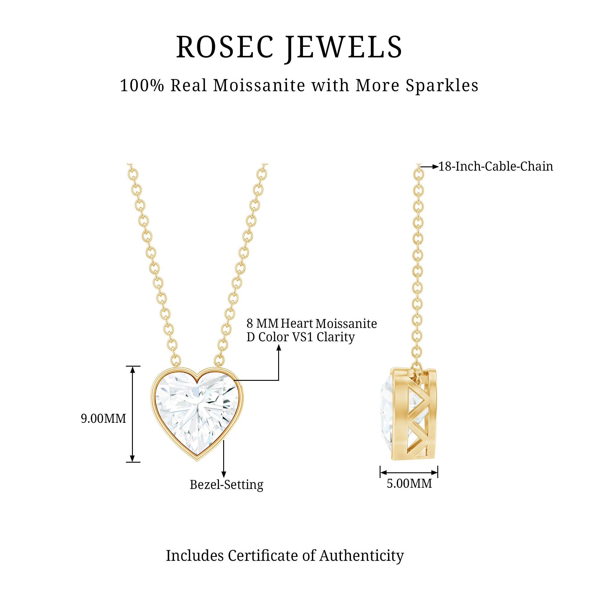 2 Carat Heart Shape Moissanite Solitaire Necklace in Bezel Setting D-VS1 - Rosec Jewels