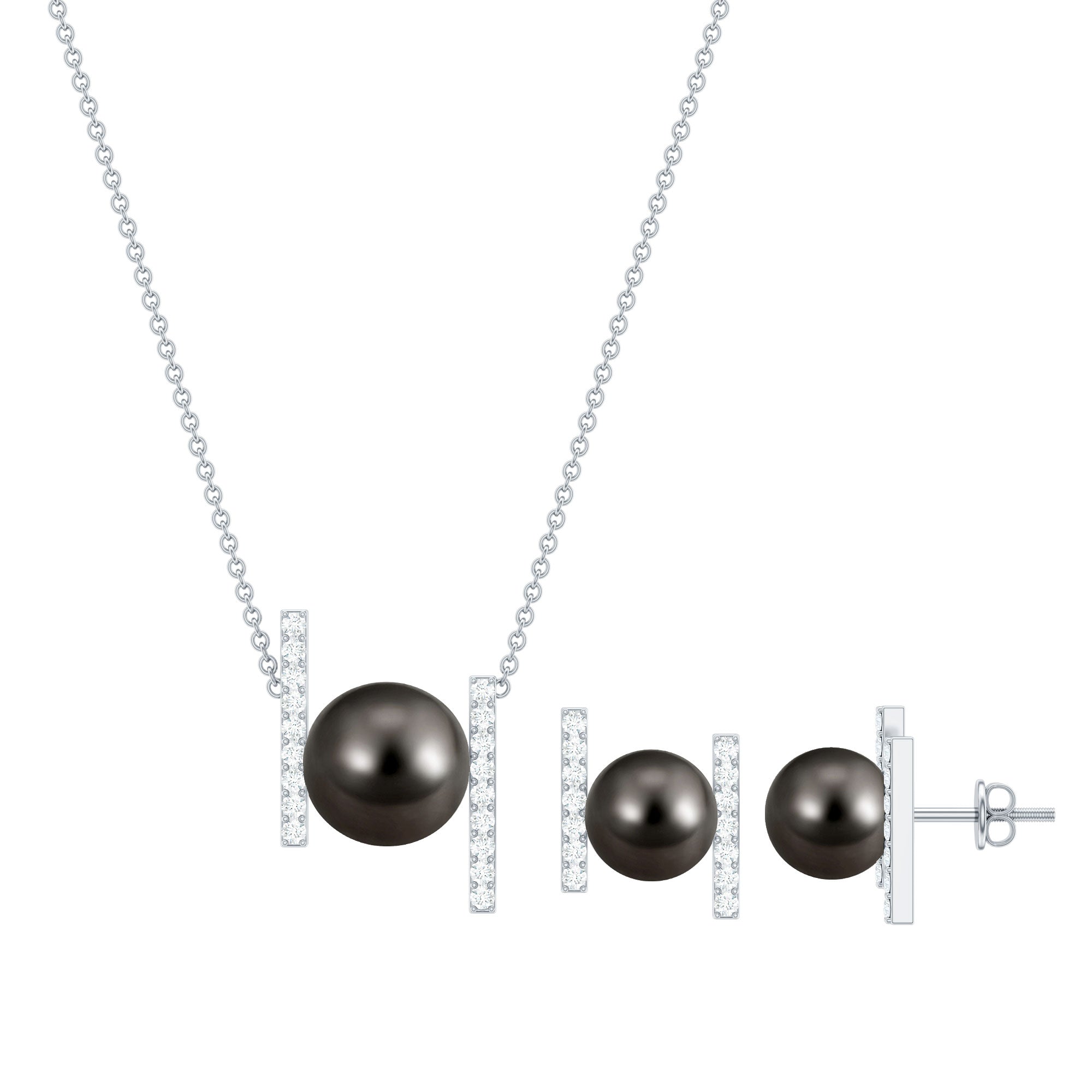 Genuine Black Tahitian Pearl Necklace and Earrings Set with Moissanite AAA - Rosec Jewels