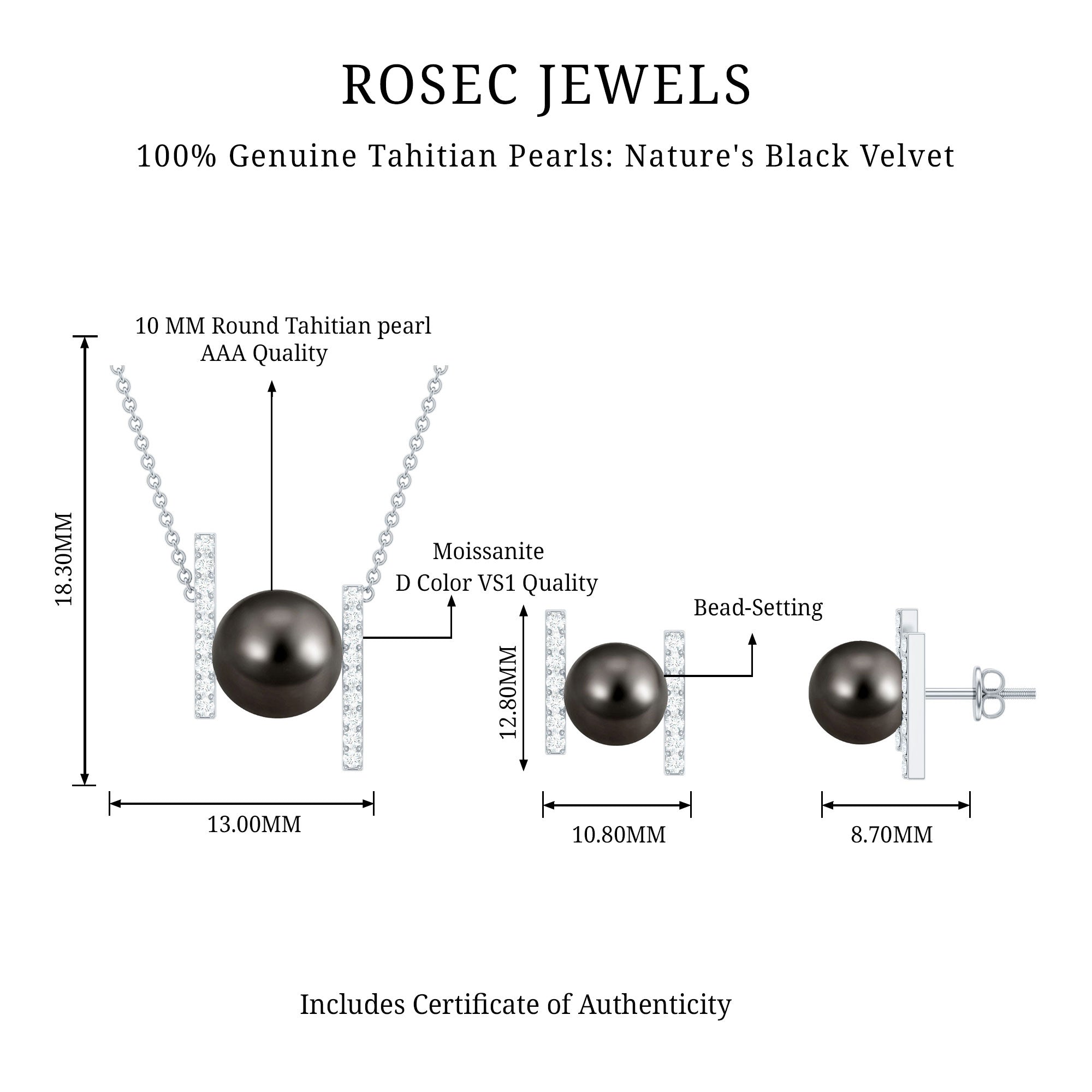 Genuine Black Tahitian Pearl Necklace and Earrings Set with Moissanite AAA - Rosec Jewels