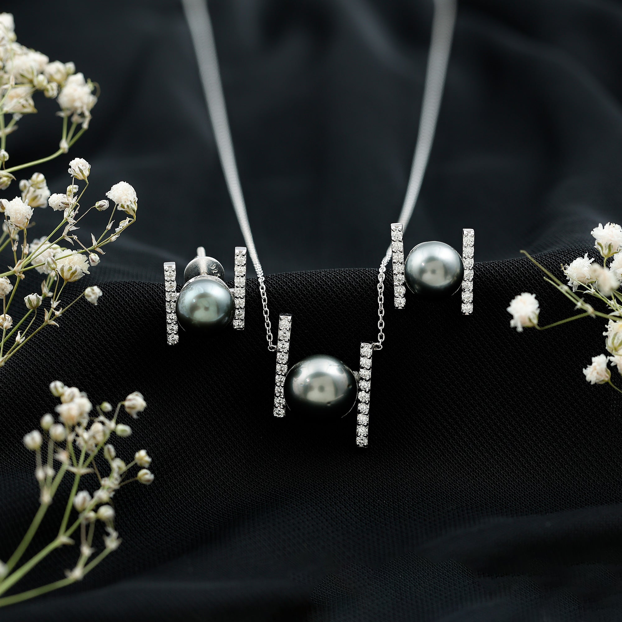 Genuine Black Tahitian Pearl Necklace and Earrings Set with Moissanite AAA - Rosec Jewels