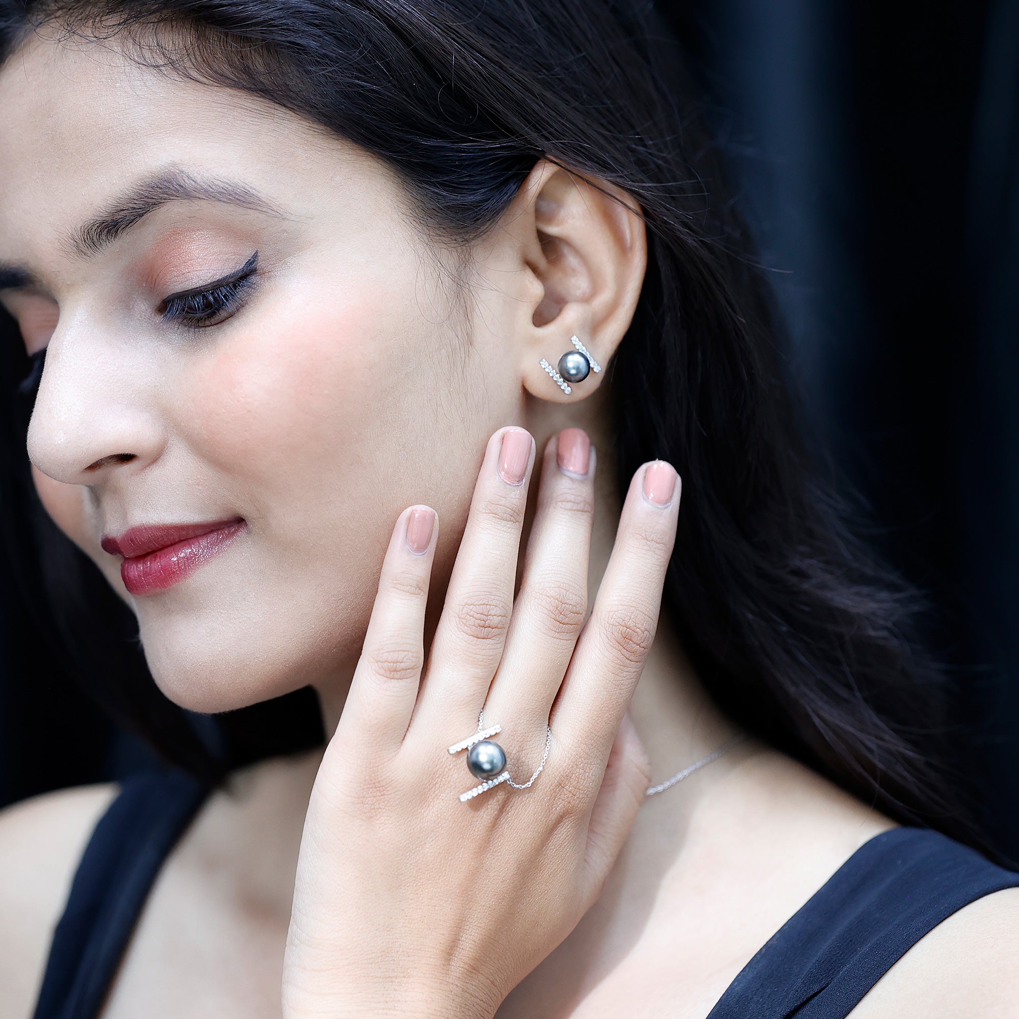 Genuine Black Tahitian Pearl Necklace and Earrings Set with Moissanite AAA - Rosec Jewels