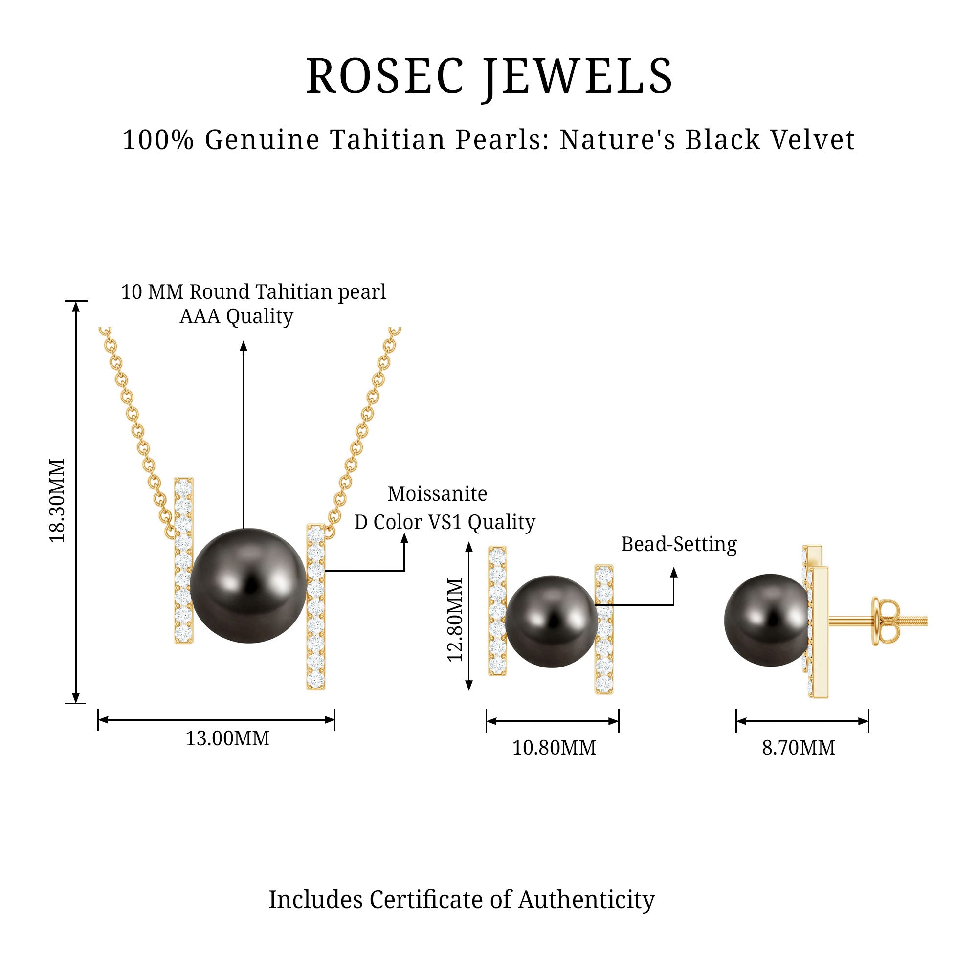 Genuine Black Tahitian Pearl Necklace and Earrings Set with Moissanite AAA - Rosec Jewels