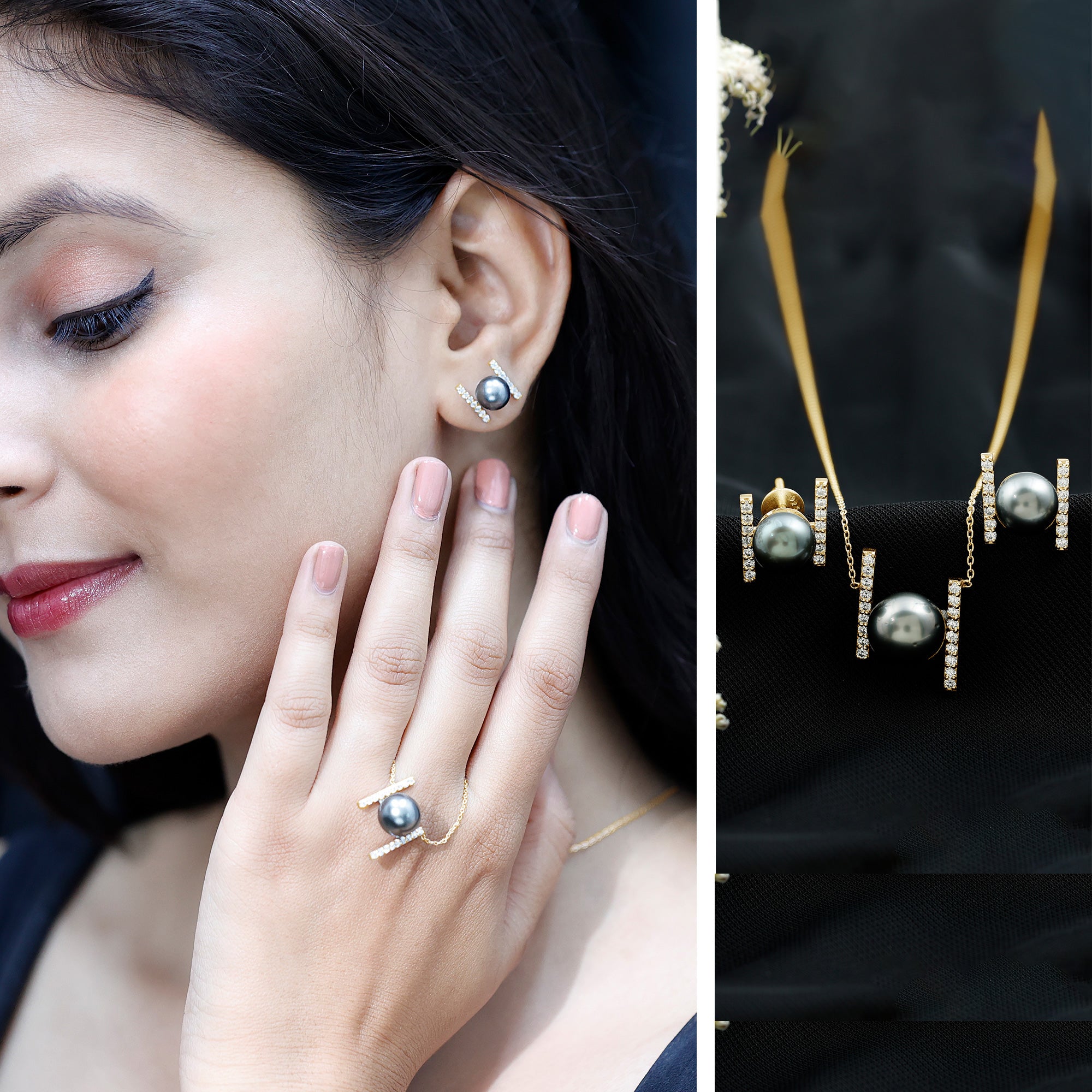 Genuine Black Tahitian Pearl Necklace and Earrings Set with Moissanite AAA - Rosec Jewels