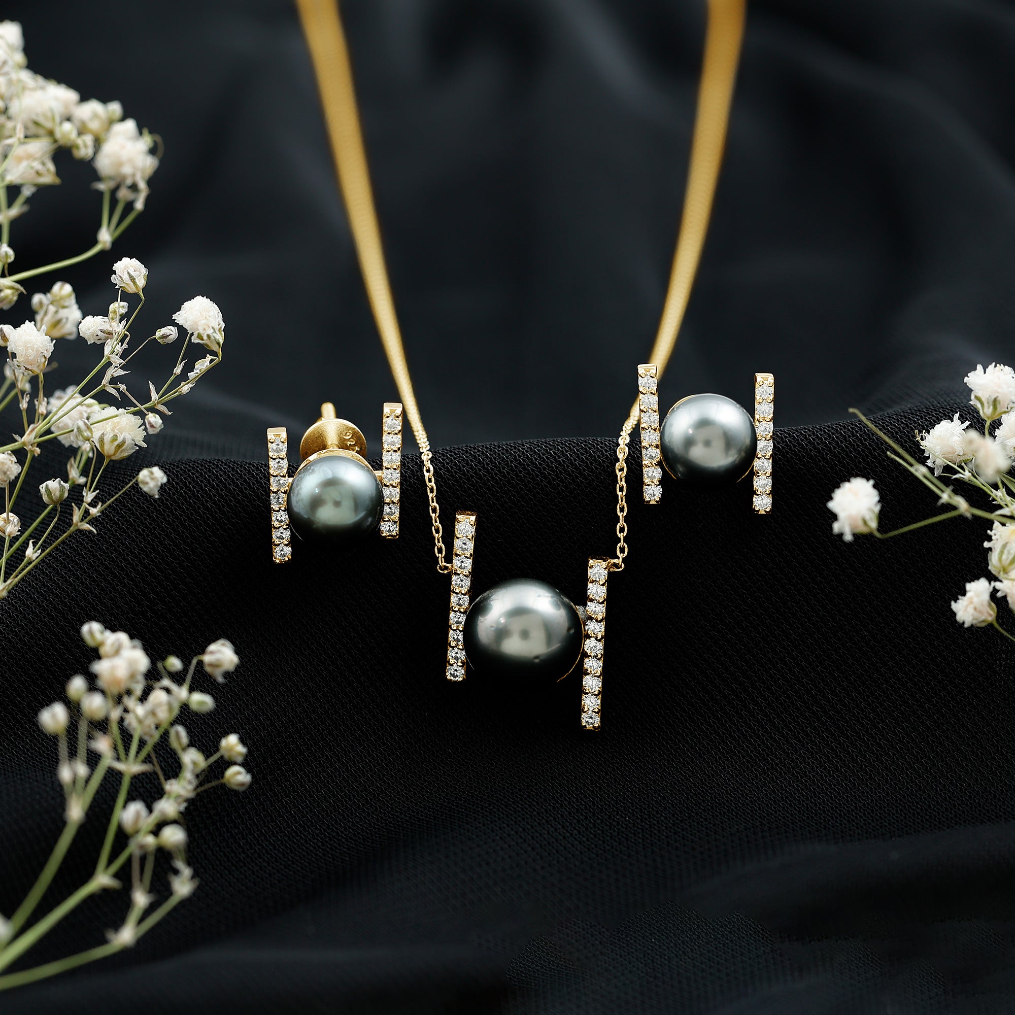 Genuine Black Tahitian Pearl Necklace and Earrings Set with Moissanite AAA - Rosec Jewels