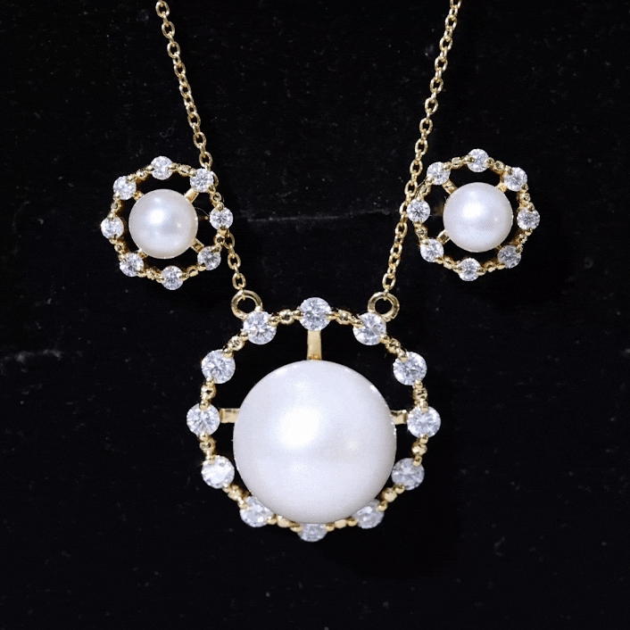 14 Carat Freshwater Pearl Halo Necklace and Earrings Set with Certificate AAA - Rosec Jewels