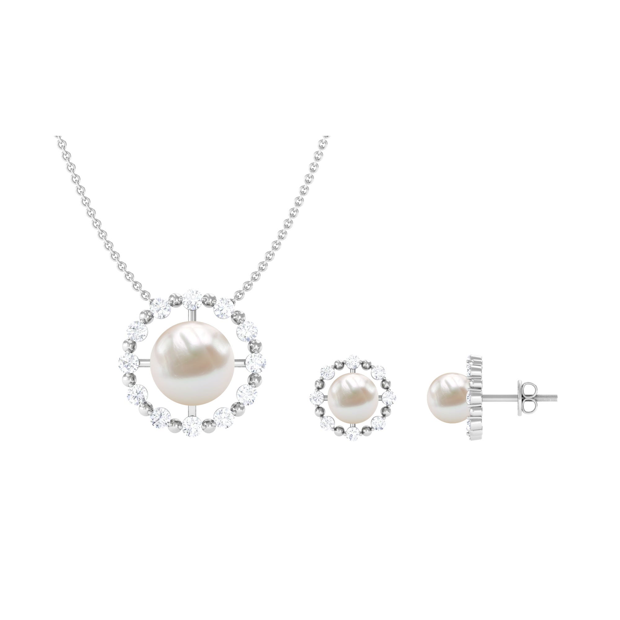 14 Carat Freshwater Pearl Halo Necklace and Earrings Set with Certificate AAA - Rosec Jewels