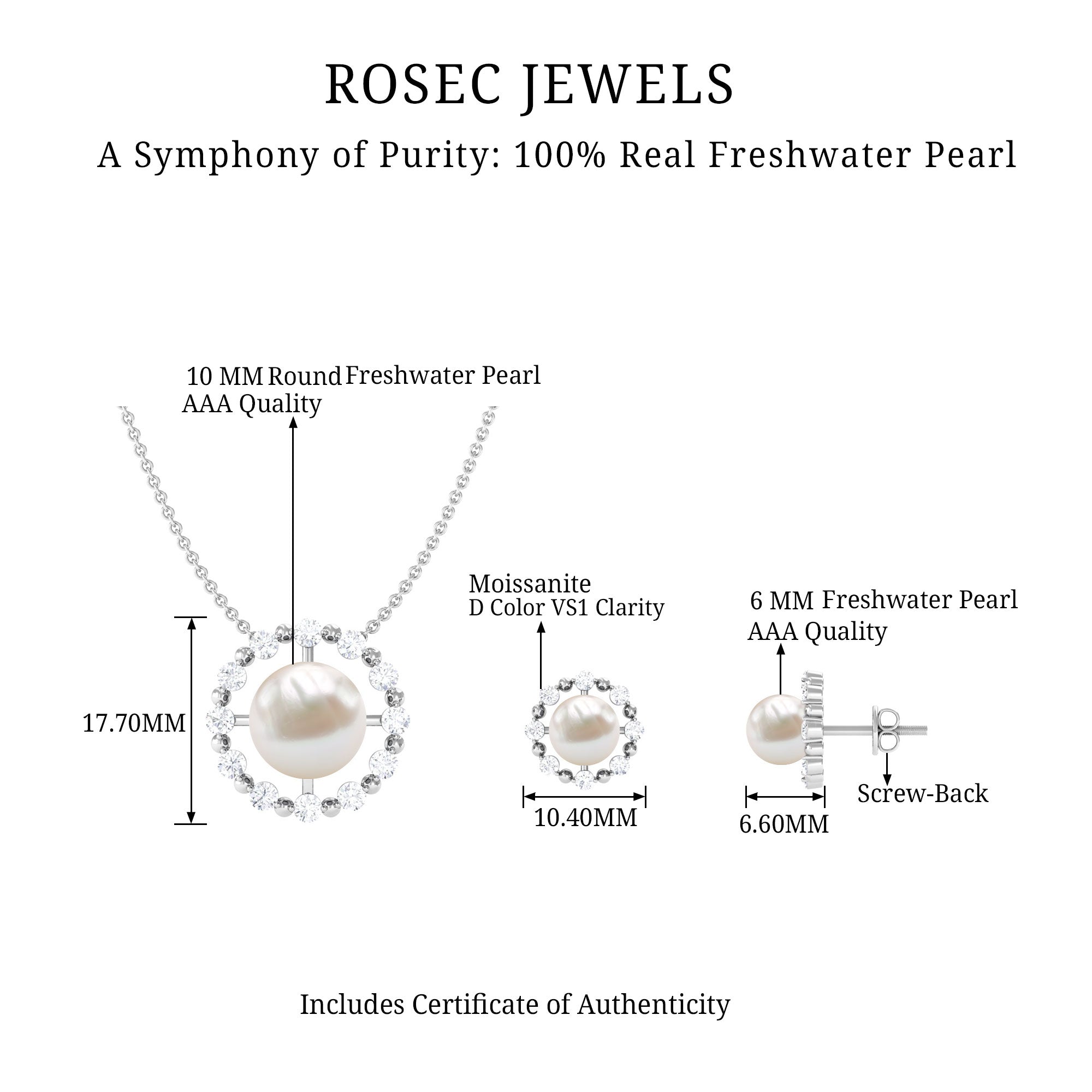 14 Carat Freshwater Pearl Halo Necklace and Earrings Set with Certificate AAA - Rosec Jewels