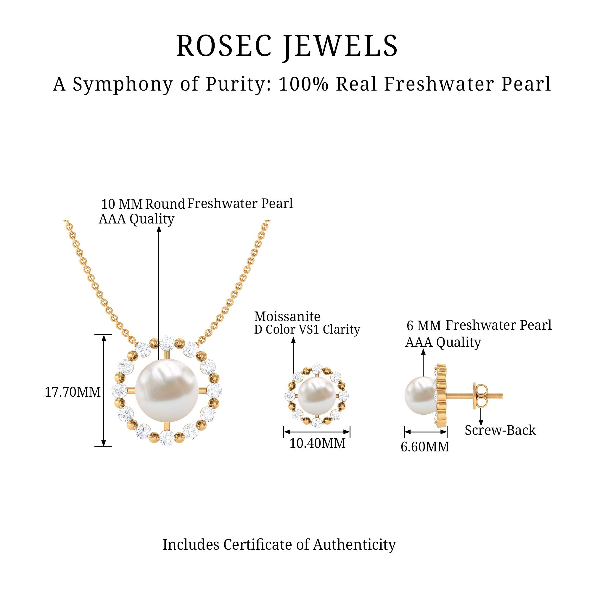 14 Carat Freshwater Pearl Halo Necklace and Earrings Set with Certificate AAA - Rosec Jewels