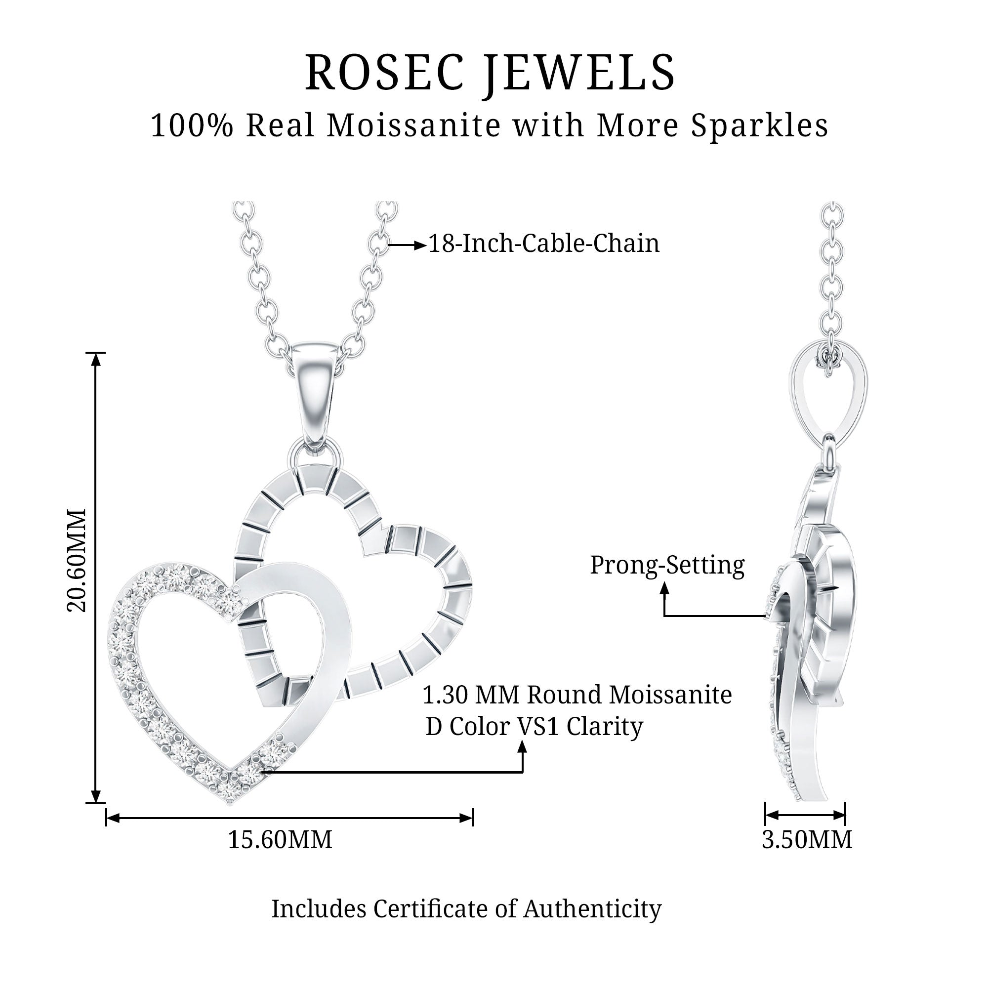 Certified Moissanite Twin Heart Pendant Necklace D-VS1 - Rosec Jewels