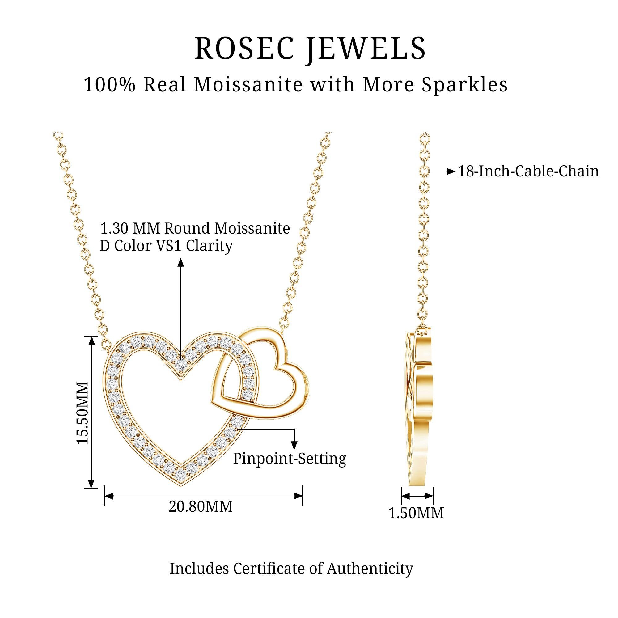 Certified Moissanite Double Heart Necklace for Women D-VS1 - Rosec Jewels