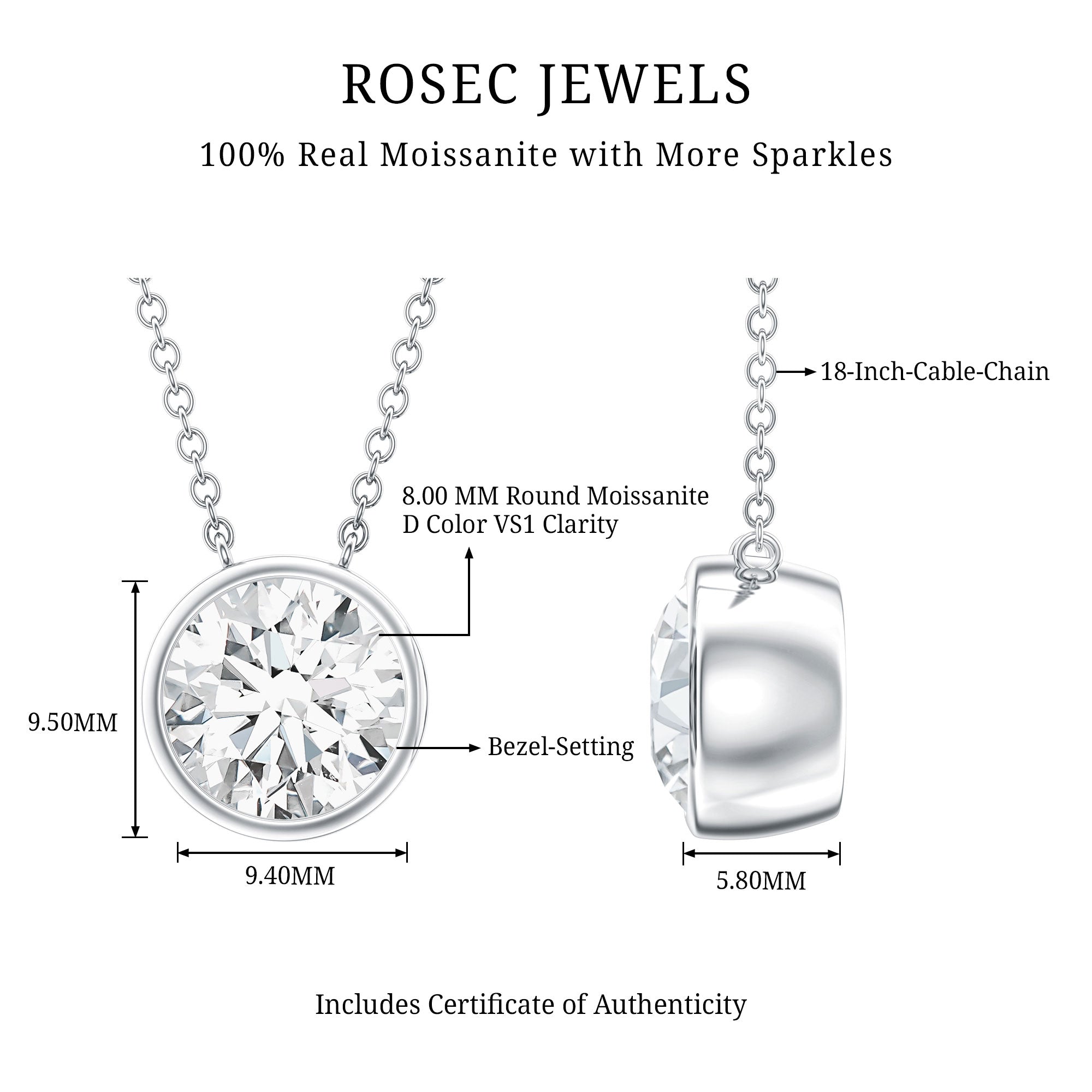 2 Carat Certified Moissanite Solitaire Necklace in Bezel Setting D-VS1 - Rosec Jewels