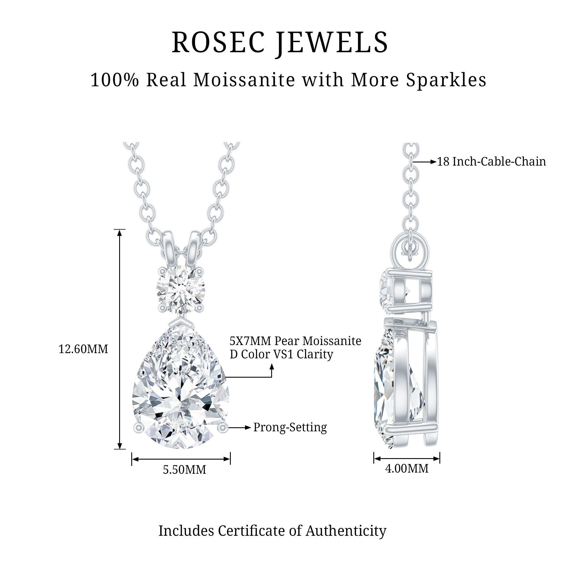 Certified Round and Pear Shaped Moissanite Two Stone Pendant D-VS1 - Rosec Jewels