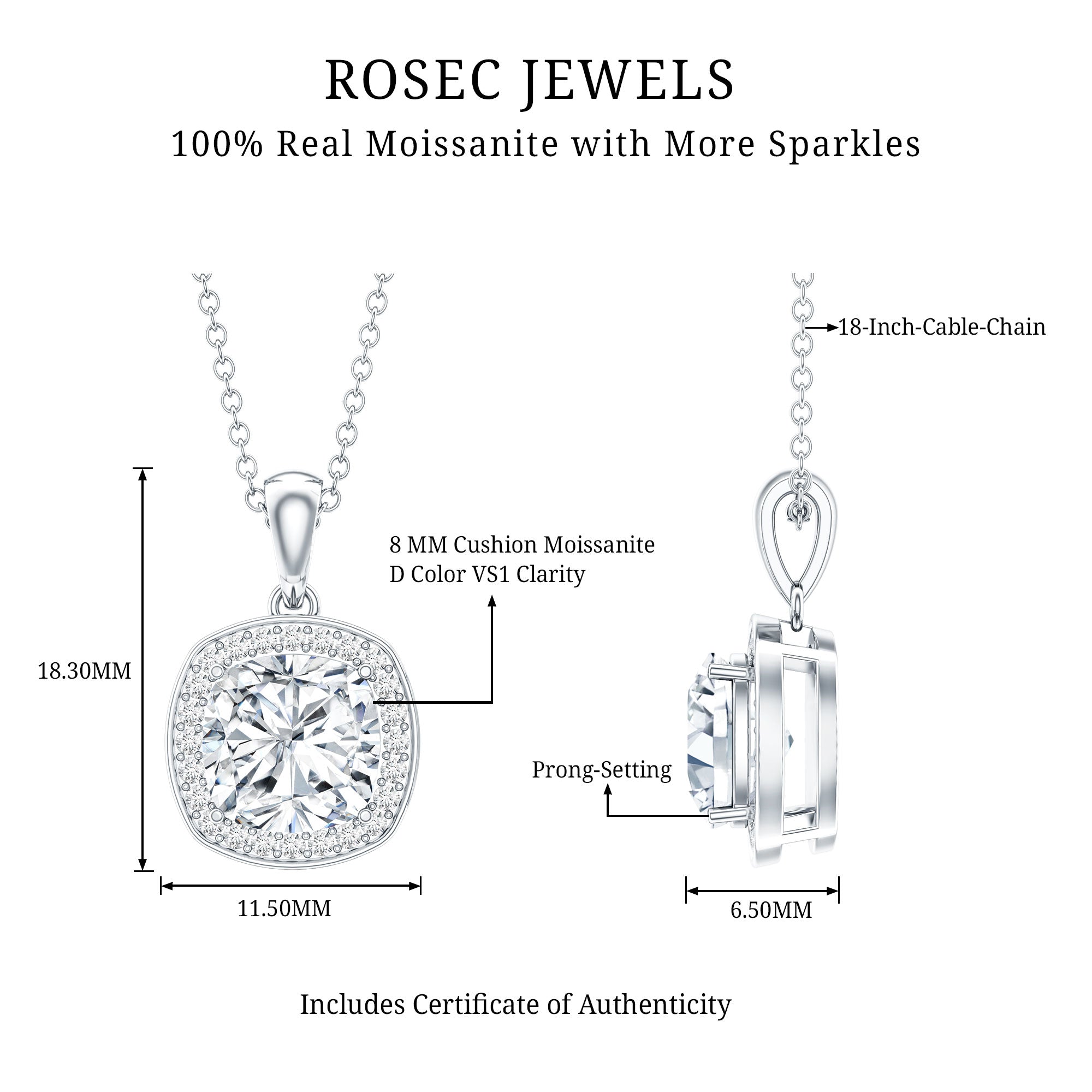 Certified 3 Carat Cushion Cut Moissanite Pendant D-VS1 - Rosec Jewels