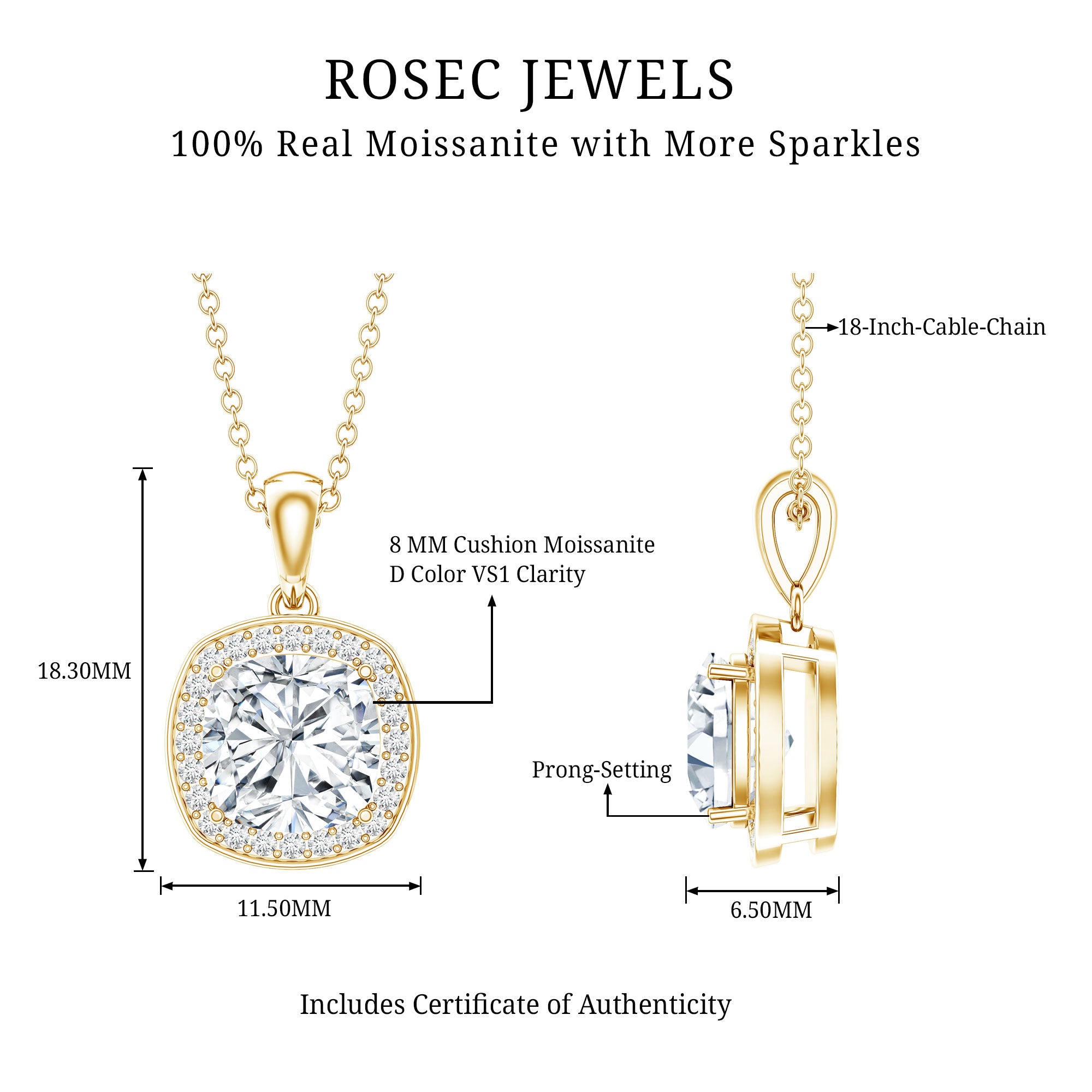 Certified 3 Carat Cushion Cut Moissanite Pendant D-VS1 - Rosec Jewels